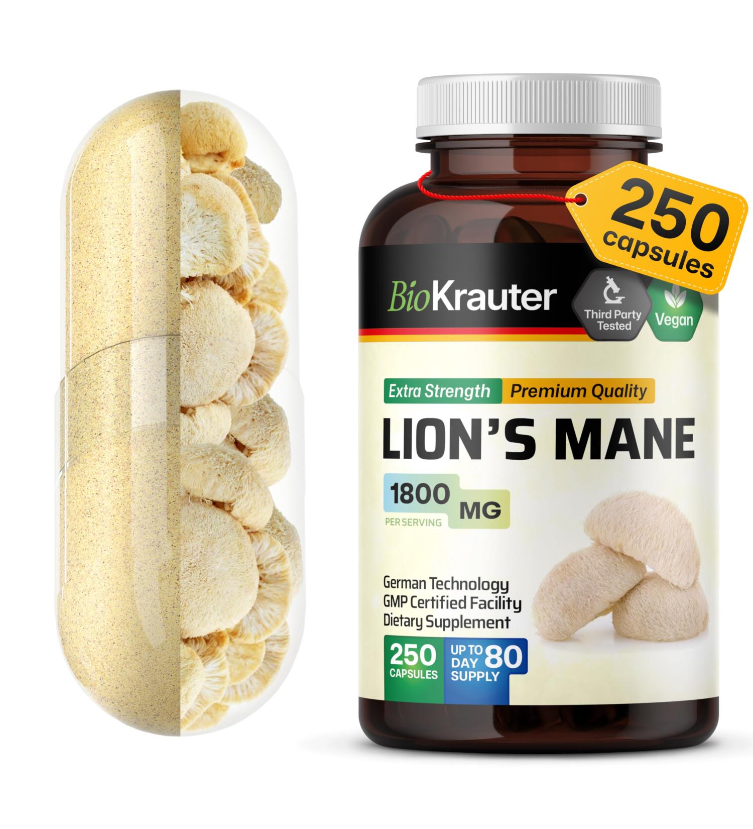 BIO KRAUTER Lions Mane Supplement Capsules 1800 mg - 250 Count - Vegan Lions Mane Powder Supplement for Brain Support - 3 Month Supply - No Fillers 250 Count (Pack of 1) - Buy Online on GoSupps.com
