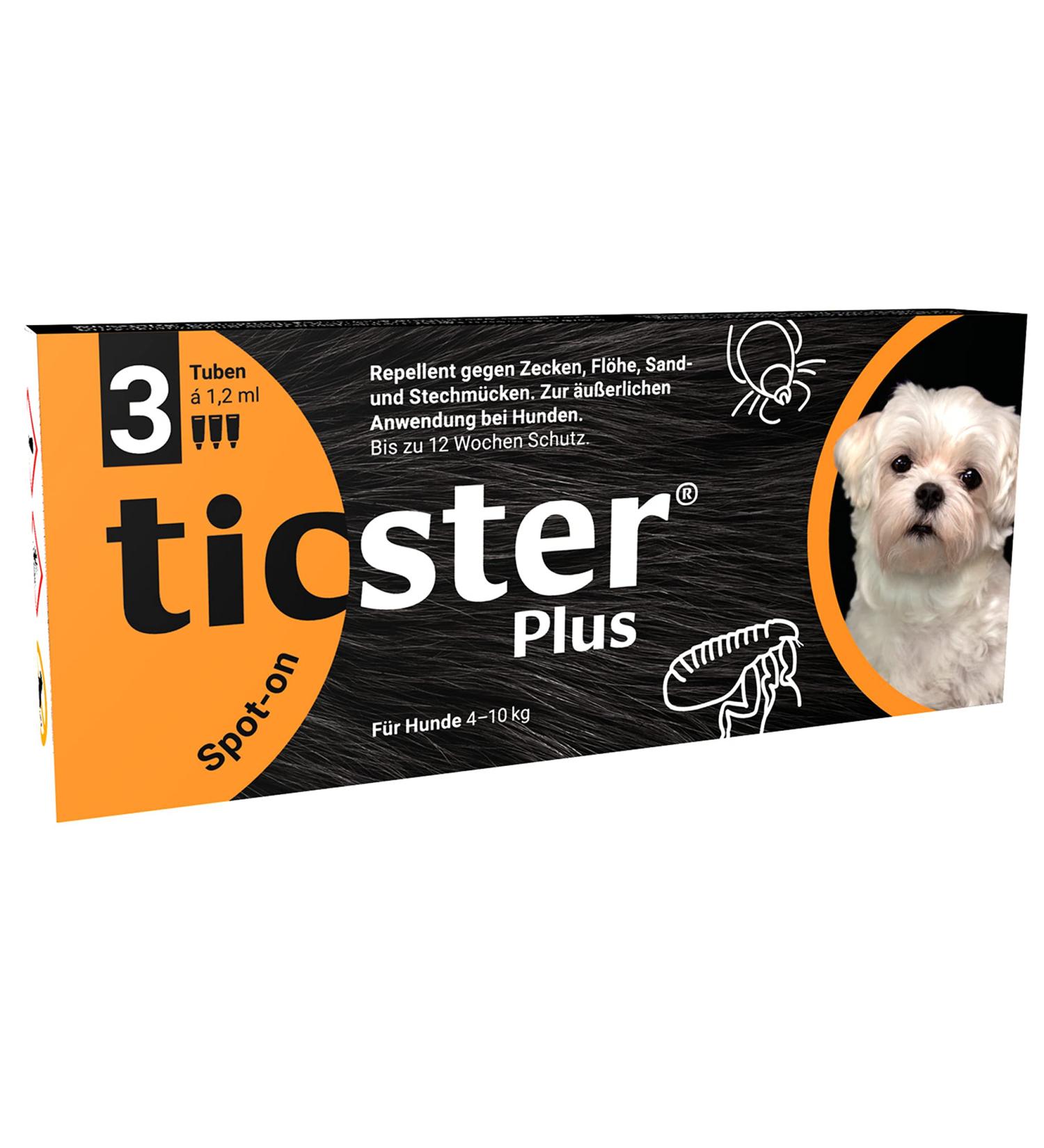 Ticster Plus Spot-on for dogs of 4- 10 kg flea and tick content: 3x 1.2ml protection duration: up to 12 weeks (solution to step up also against sand and mosquito mosquitoes insect protection for dogs) 3 tubes 1 2 ml dogs from 4 - 10 kg