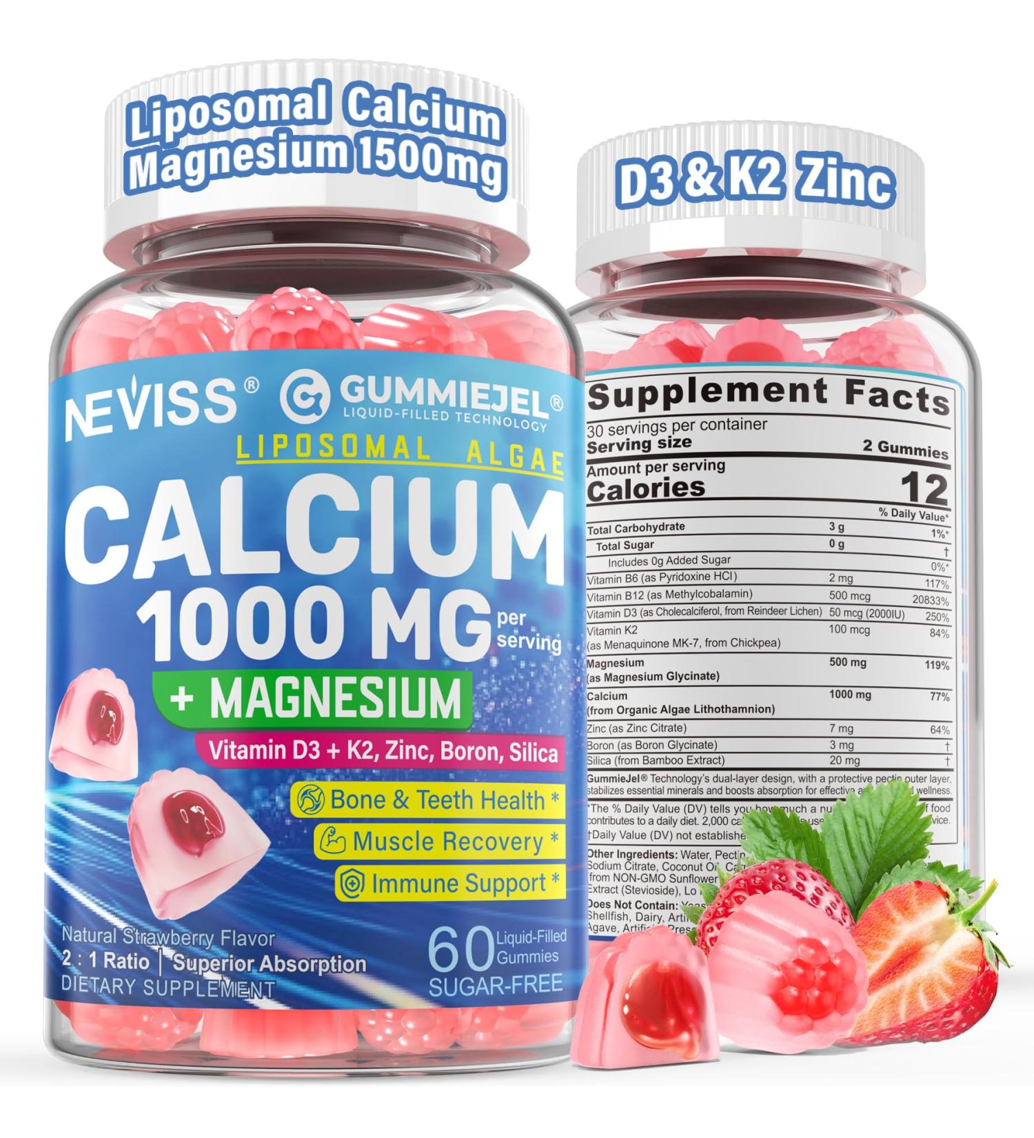 Calcium Supplements for Women Men - Liposomal Calcium 1000mg With Vitamin D3 K2 Magnesium Glycinate Zinc Boron Silica for Bone Health - Sugar Free Calcium Magnesium Zinc Gummies Vegan 60 Count - Buy Online on GoSupps.com