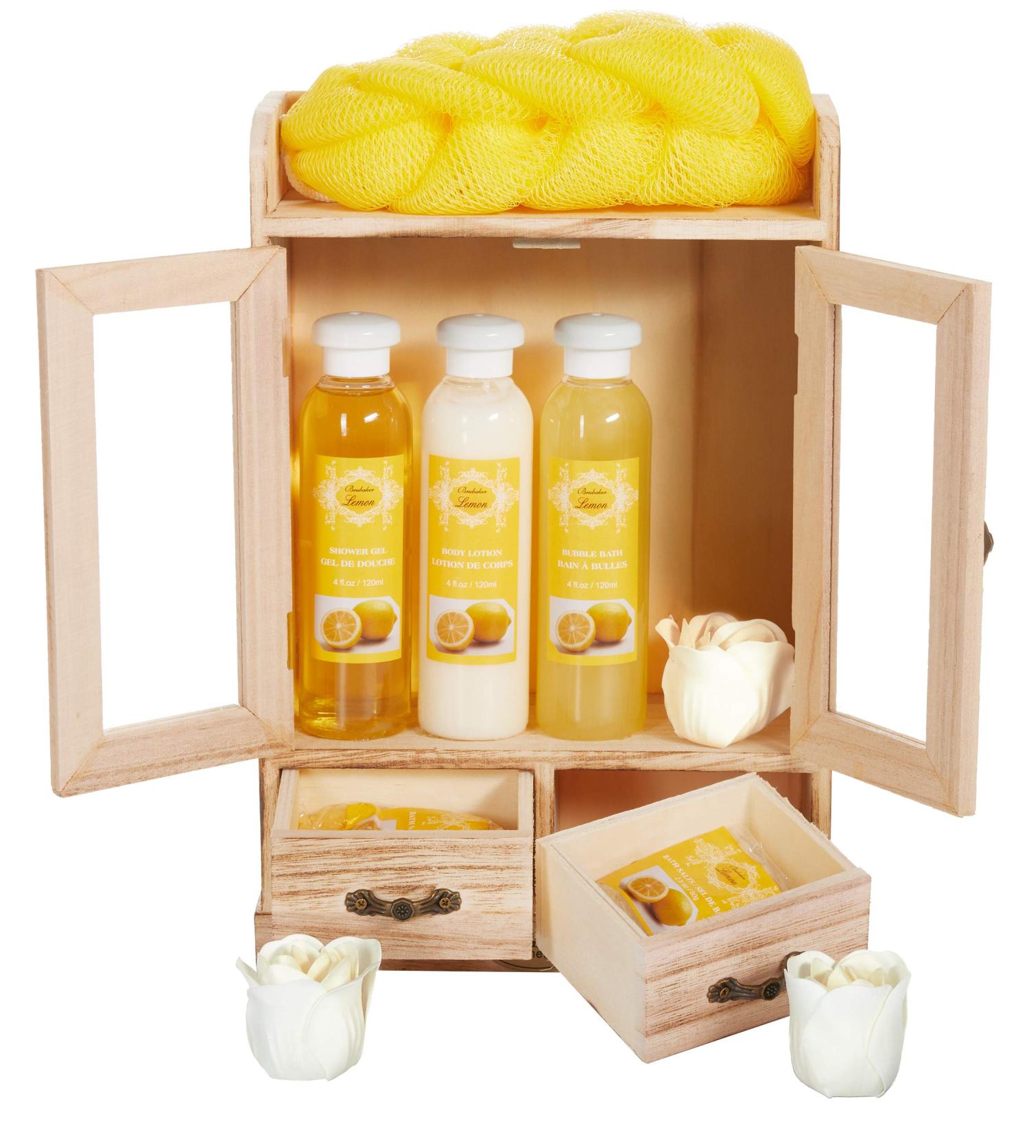 BRUBAKER Cosmetics Bath & Care Set - Lemon Scented in Wooden Cabinet | International Shipping - Buy Online on GoSupps.com