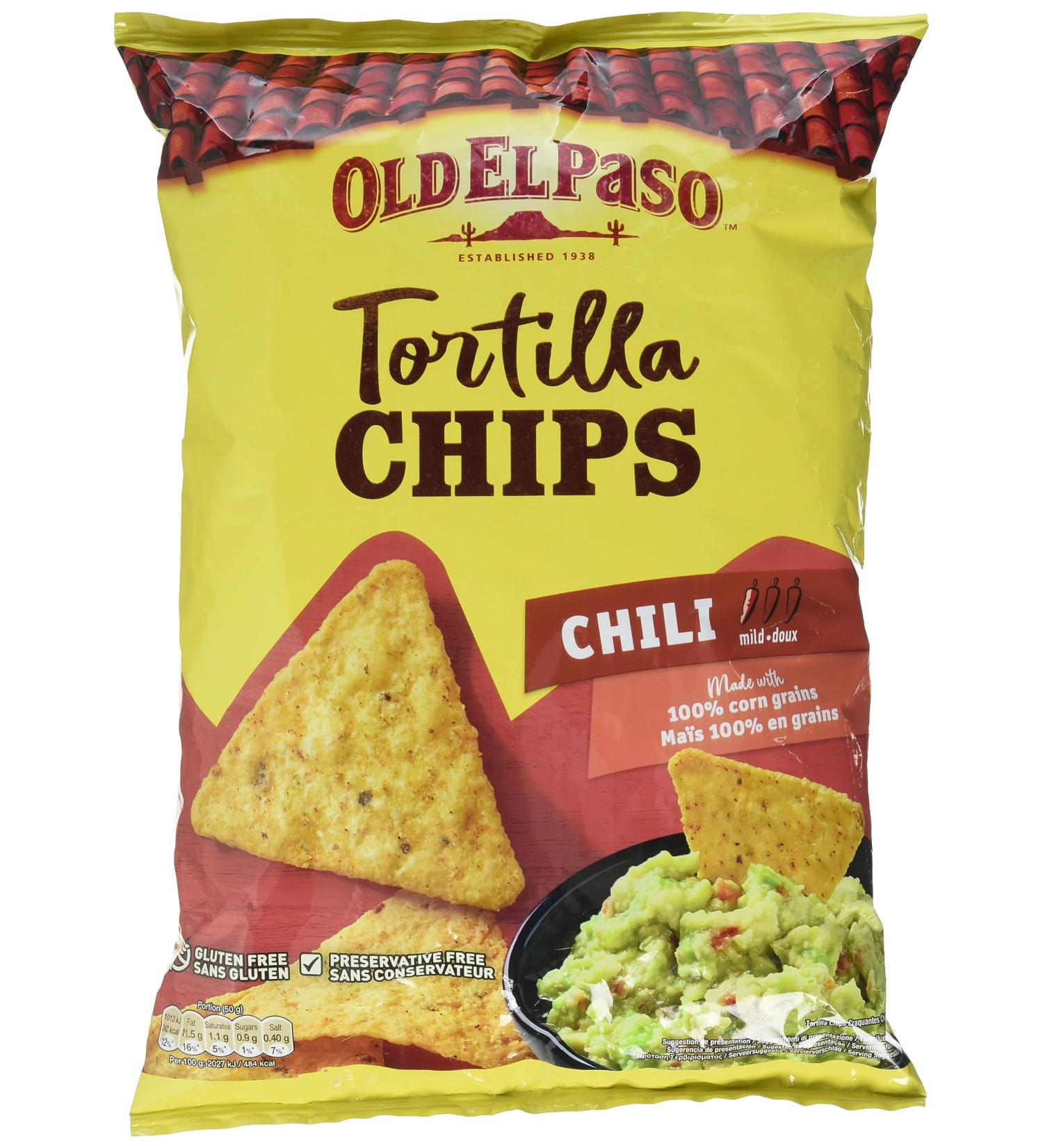 Old El Paso Tortilla Chips Chili Tortilla chips with chili flavor baked from corn Gluten free 1 x 185 g