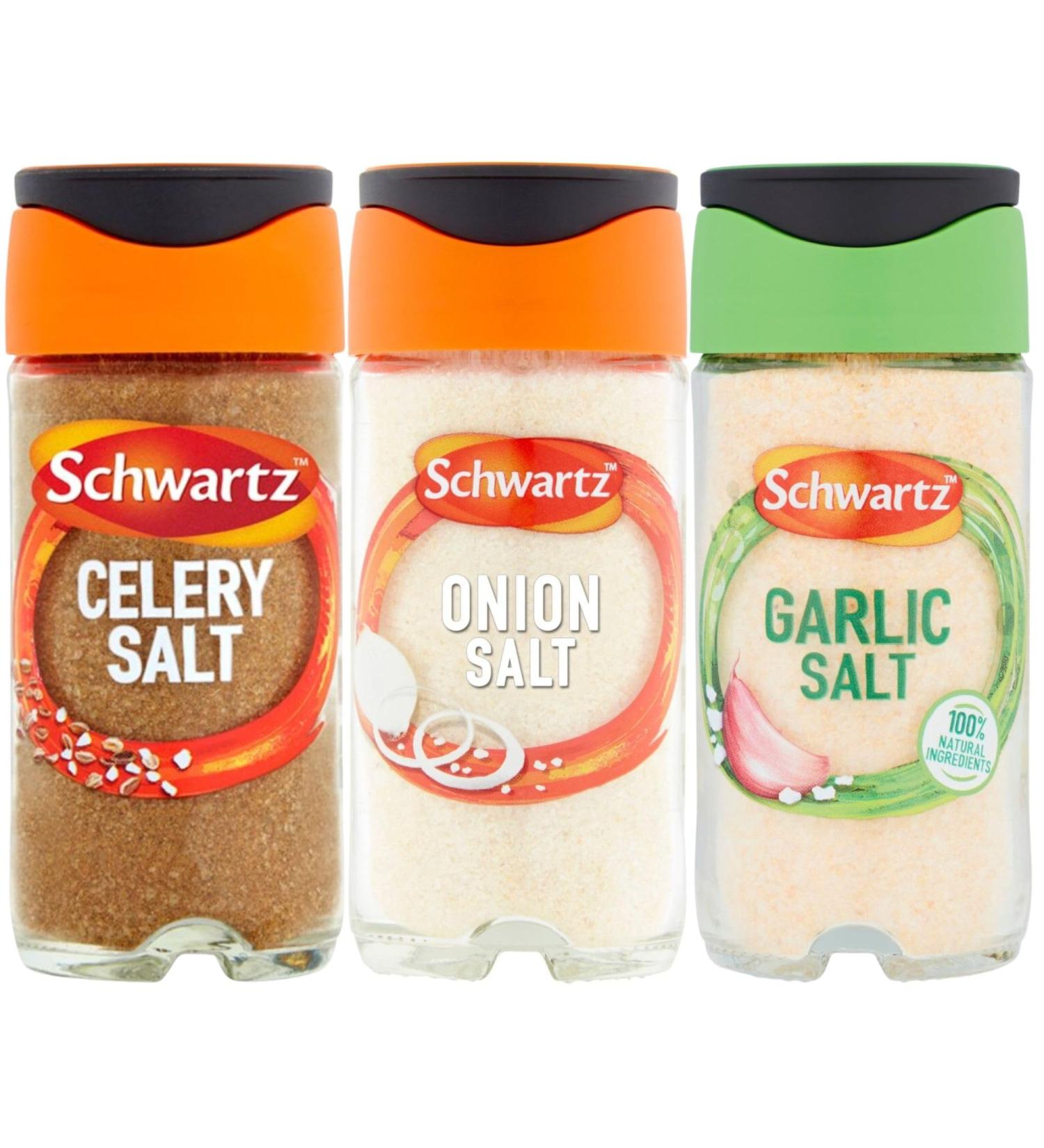Salt Mixed Bundle Consisting of Schwartz Celery Salt 72g Onion Salt 72g Garlic Salt 73g (3 Pack) - Buy Online on GoSupps.com