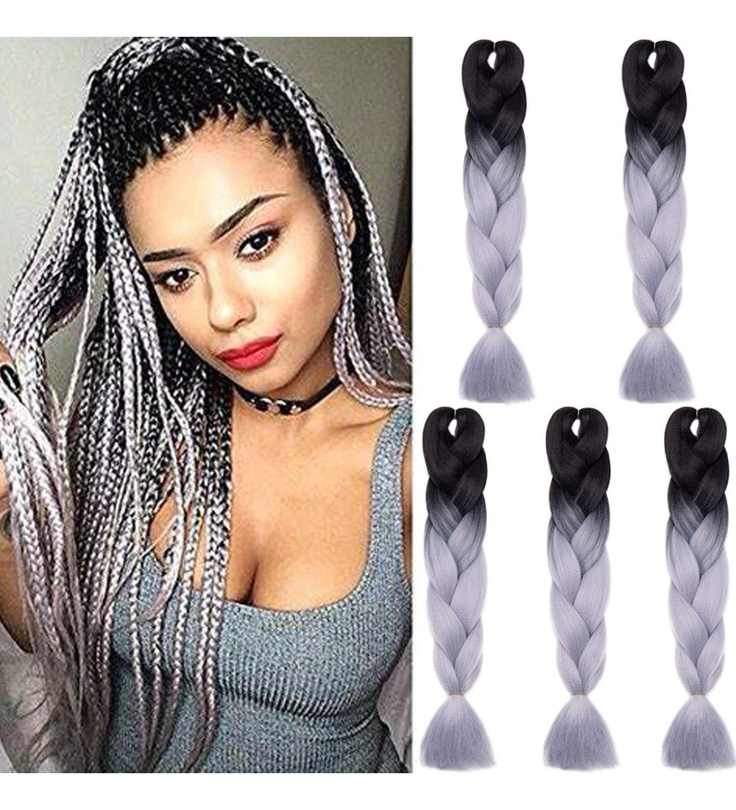 SEGO 5 Pieces Ombre Hair Braid Extensions - 24 Black & Silver Gray Crochet Braiding Hair for Stunning Hairstyles - Buy Online on GoSupps.com