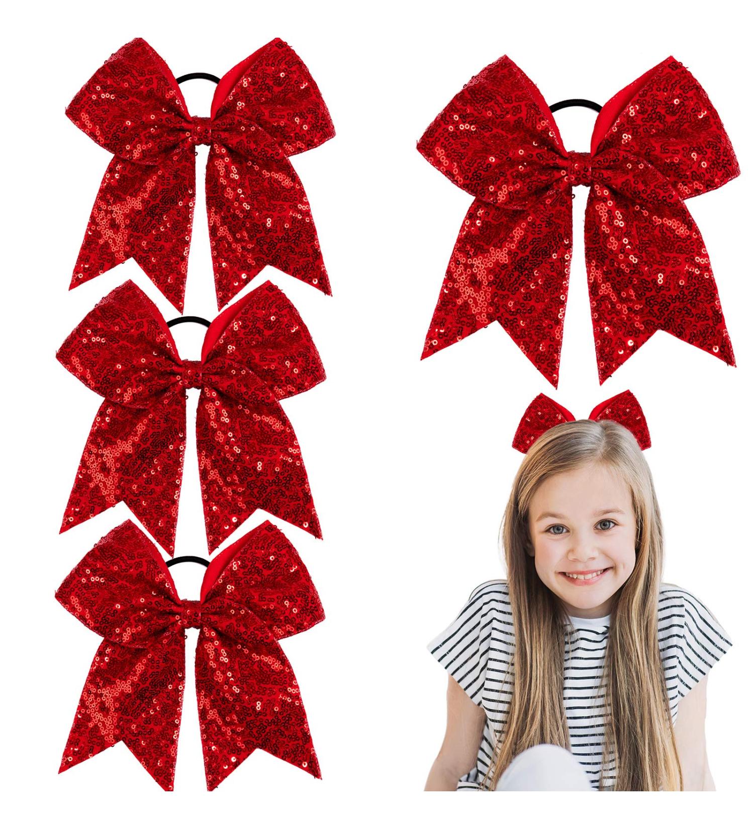 Whaline 8 Inch Glitter Red Jumbo Cheer Bows - 4 Pack | Large Cheerleading Hair Bows for Girls, Toddlers, Women - Elastic Ponytail Holder & Hair Accessories - Buy Online on GoSupps.com