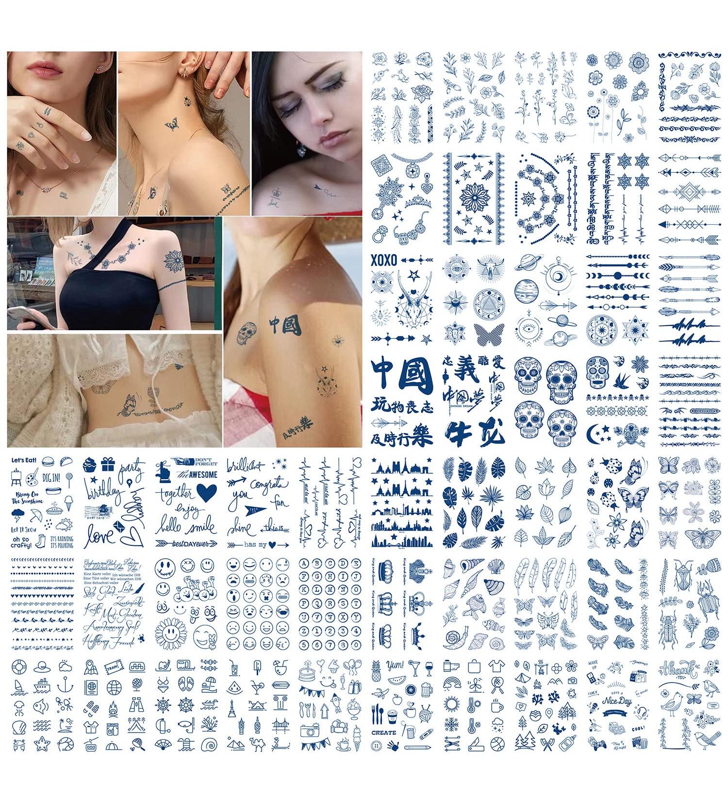 DHAHBHC Semi-permanent Small Hands Temporary Tattoos - 600 Blue Patterns, 2 Weeks Lasting Emoji, Text, Plant & Insect Designs - 50 Sheets - Buy Online on GoSupps.com