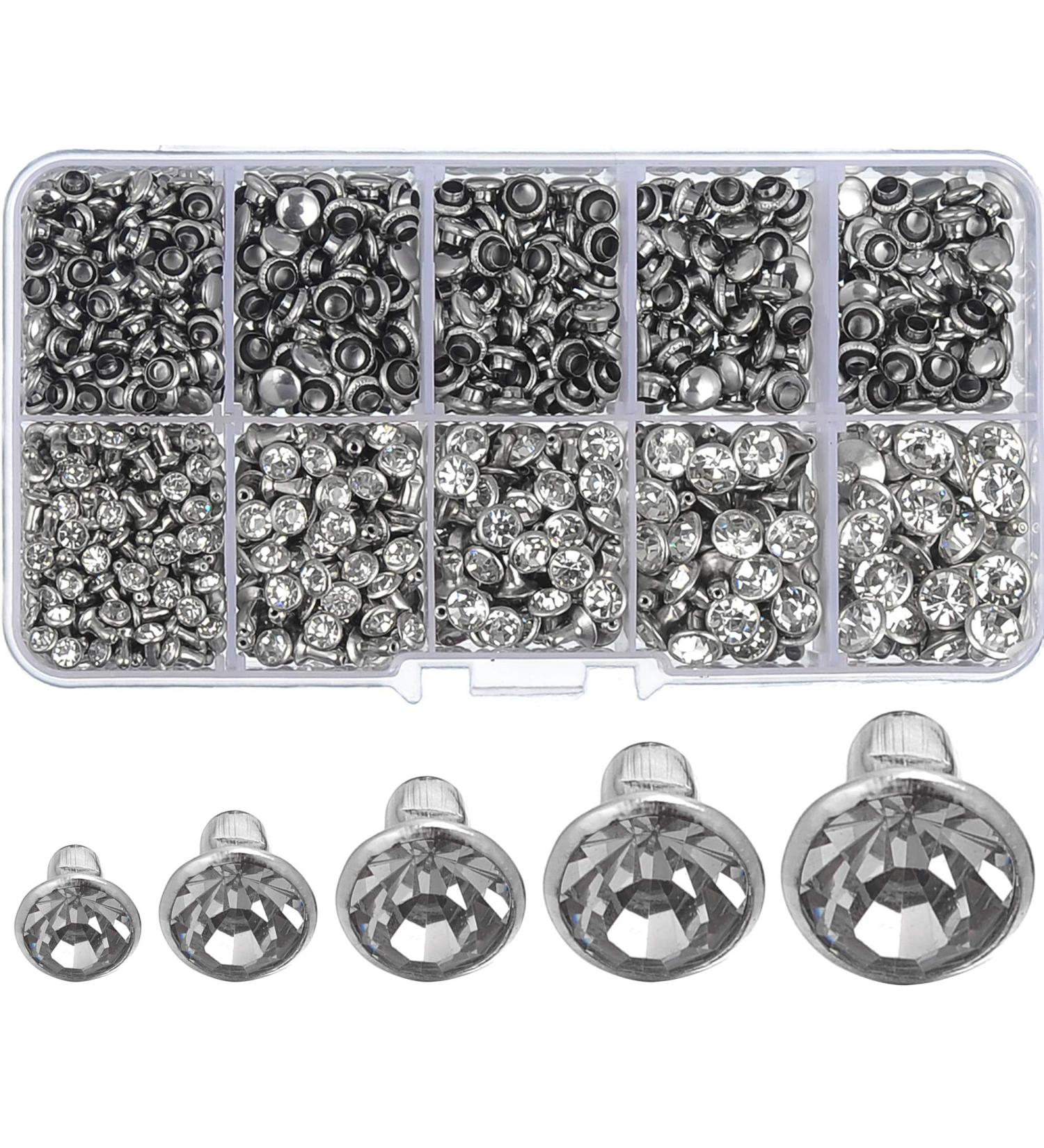 500 Sets CZ White Crystal Rivets for DIY Leather-Craft & Garment | Rapid Rhinestone Studs in Silver Color (Mixed 01) - Buy Online on GoSupps.com
