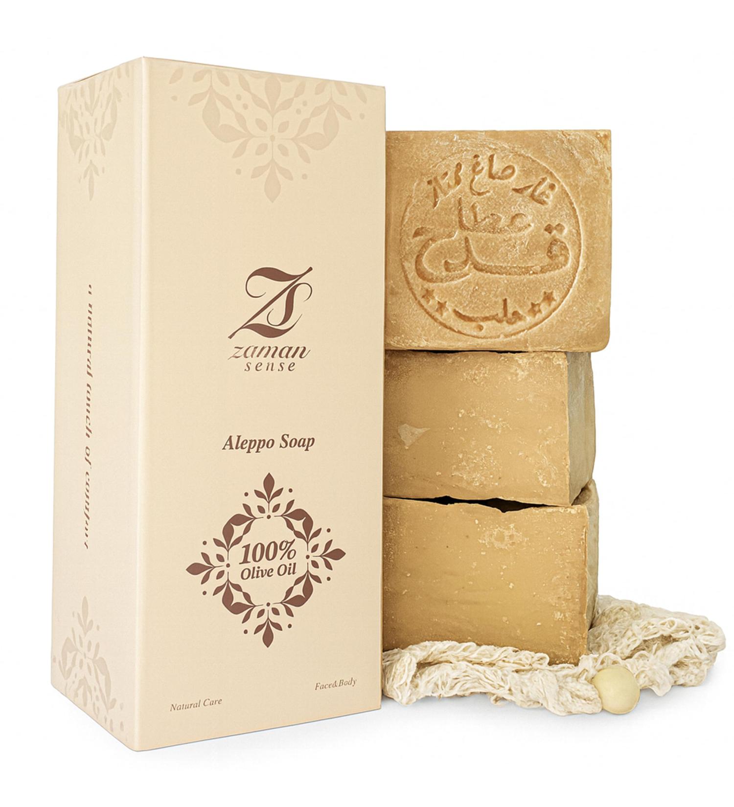  Zaman Sense Aleppo Premium Soap Set of 3 100% Olive Oil Soap with Soap Pouches Handmade and Natural Ripened Fragrance-Free Vegan Free No Additives Natural Soap for the - Buy Online on GoSupps.com
