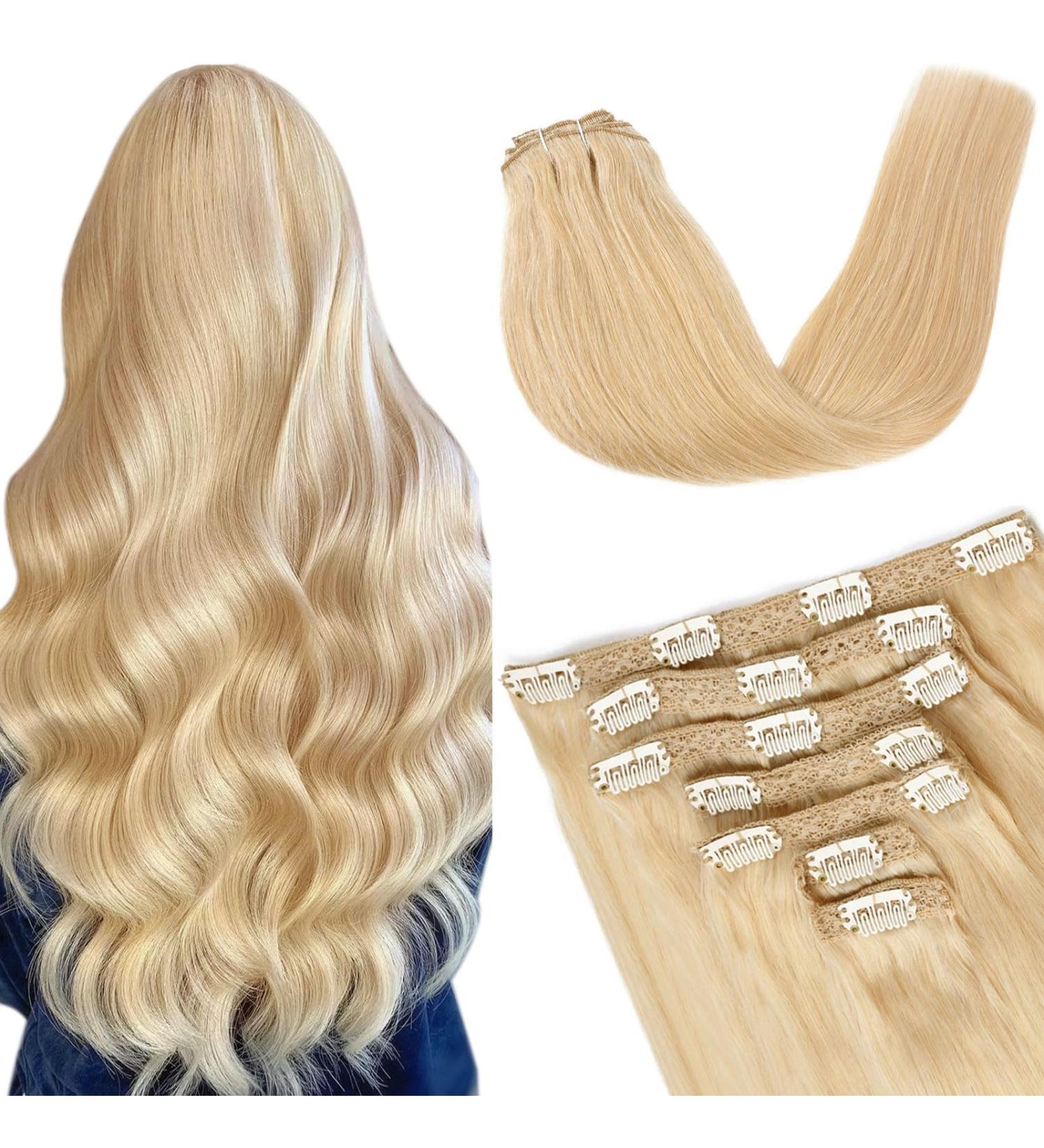 Vlasy Clip in Human Hair Extensions - 20 Inch 613# Light Golden Blonde - 7 Pieces Seamless Thick Weft Hair Extensions for Women - Buy Online on GoSupps.com