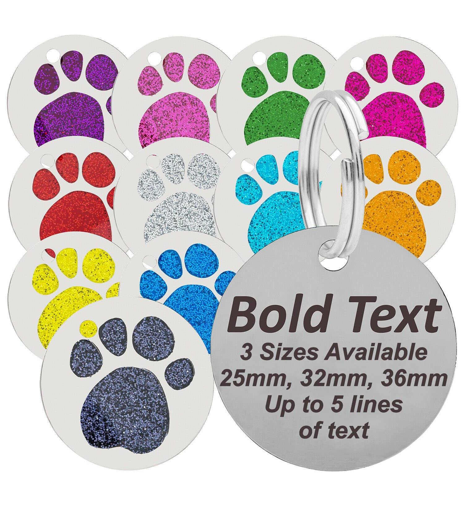 JK Personalised Engraved Round Glitter Paw Print BLACK BOLD LETTERING Dog/Cat Pet ID Tag Small/Large (Standard - 25mm Blue) Standard - 25mm Blue