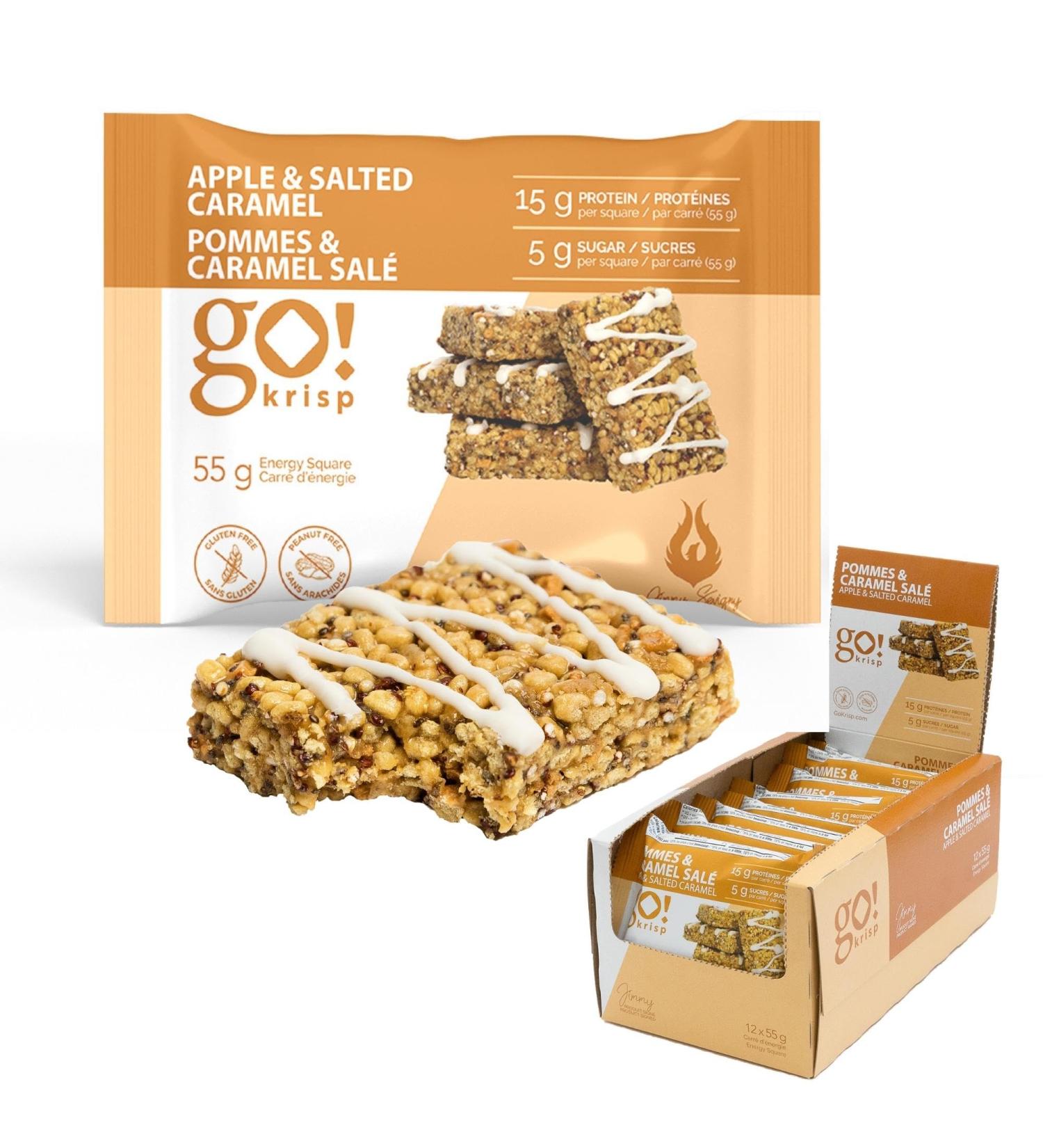 GoKrisp Energy Square by Jimmy Sevigny 15 gr Protein Pastry Tasty Apple & Salted Caramel High Protein Snacks Nut & Peanut Free Gluten Free (12-Pack) - Buy Online on GoSupps.com