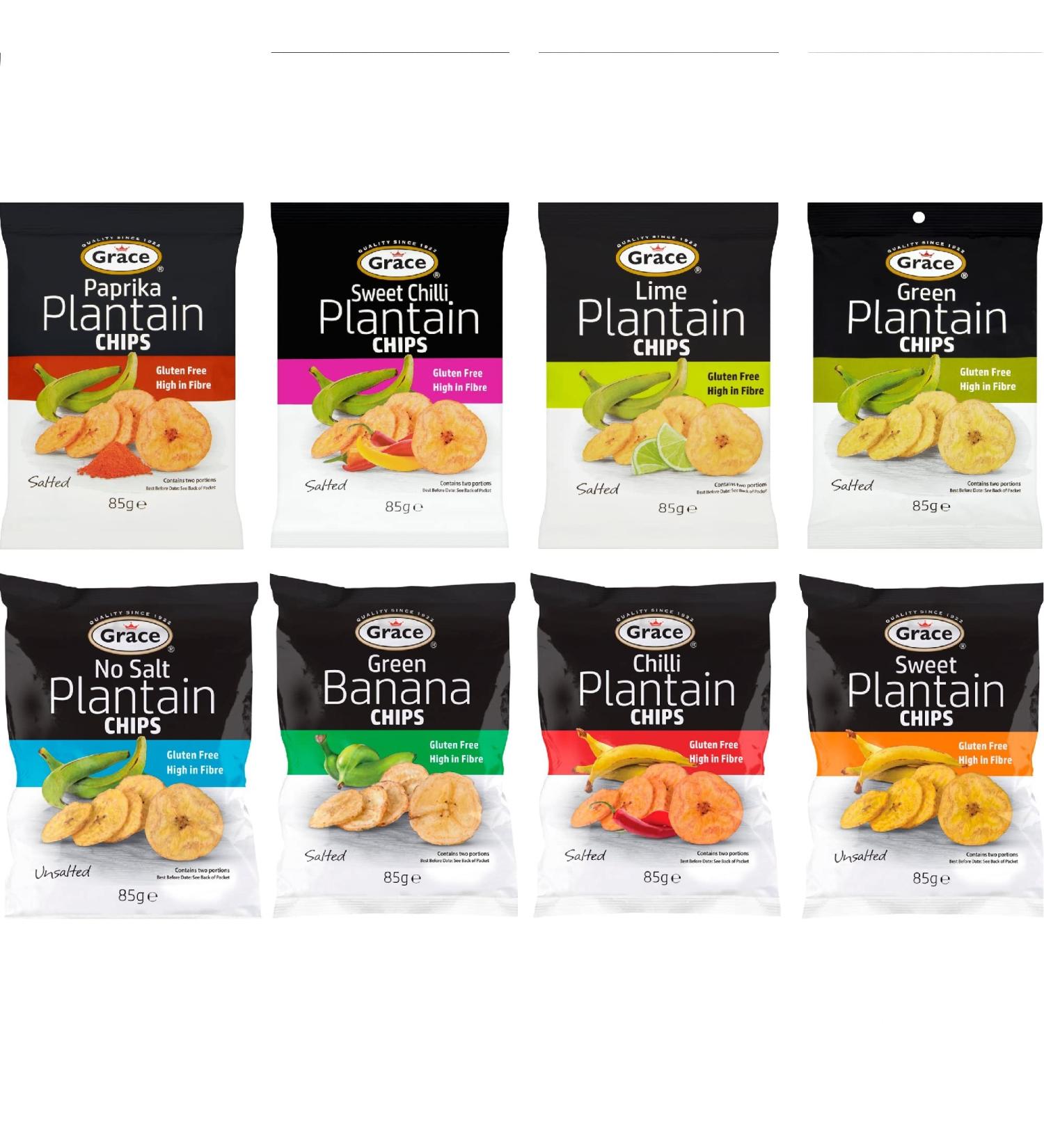 16 x 85g Assorted Plantain Banana Gluten Free Chips (2 each of Paprika No Salt Green Banana Green Plantain Sweet Chilli Lime Chilli Sweet)