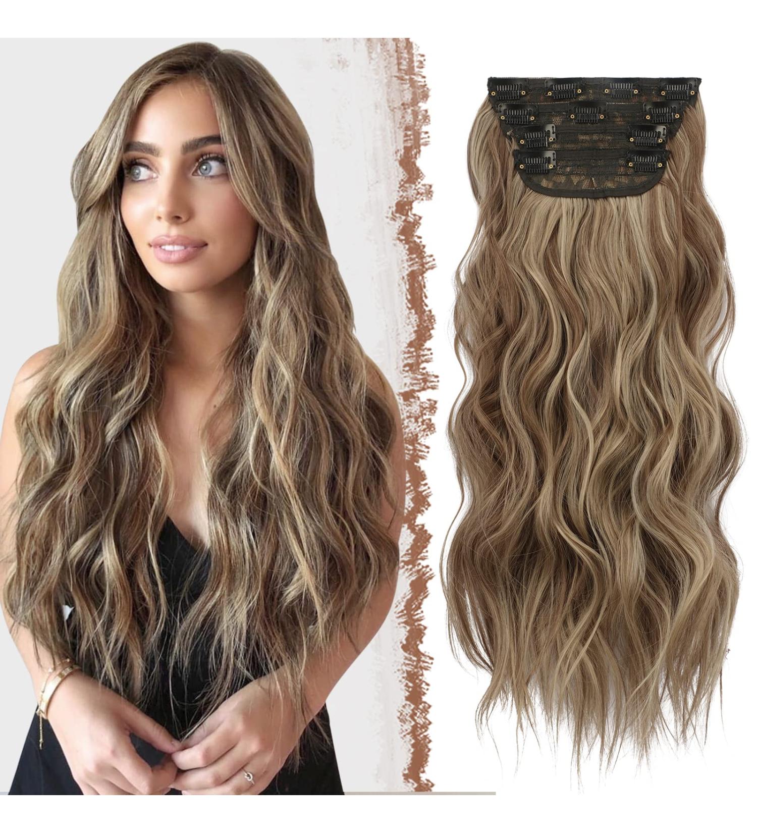 Feshfen 4PC Clip In Hair Extensions - Caramel Brown & Ash Blonde Wavy Synthetic Hair - 50cm for Women - Buy Online on GoSupps.com