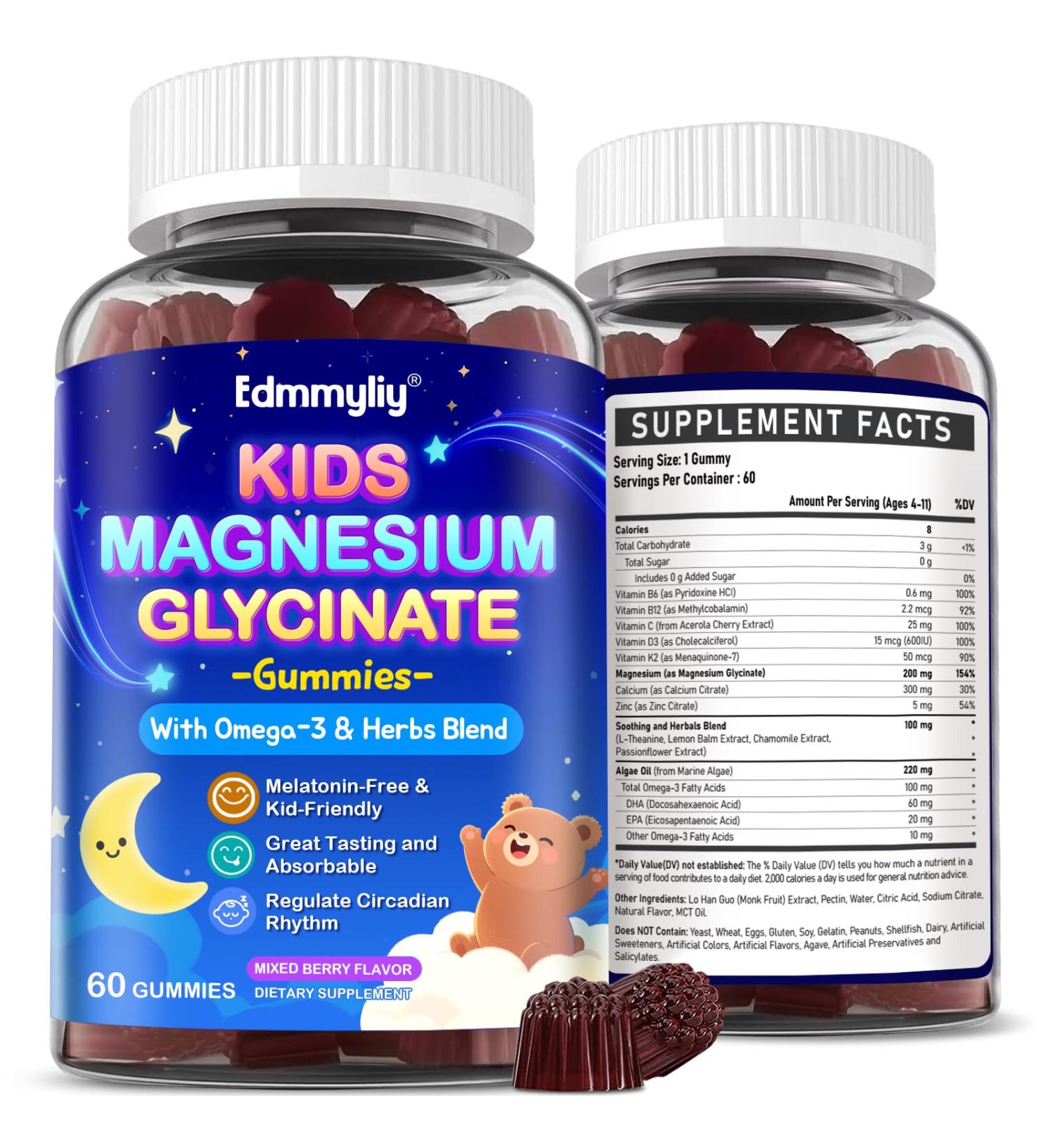 Kids Magnesium Glycinate Gummies - Magnesium Glycinate Supplement 200mg with L-theanine Omega-3 Calcium Vitamin D3 & B12 for Kids Natural Zzz at Bedtime & Overall Health - Sugar Free & Non-GMO Mixed Berry 60 Count (Pack of 2) - Buy Online on GoSupps.com