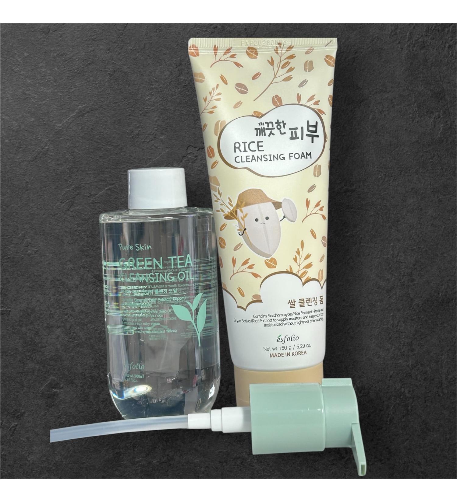esfolio Double Cleansing Set Rice Foam 5.29 oz and Green Tea Cleansing Oil 6.75 fl. oz.