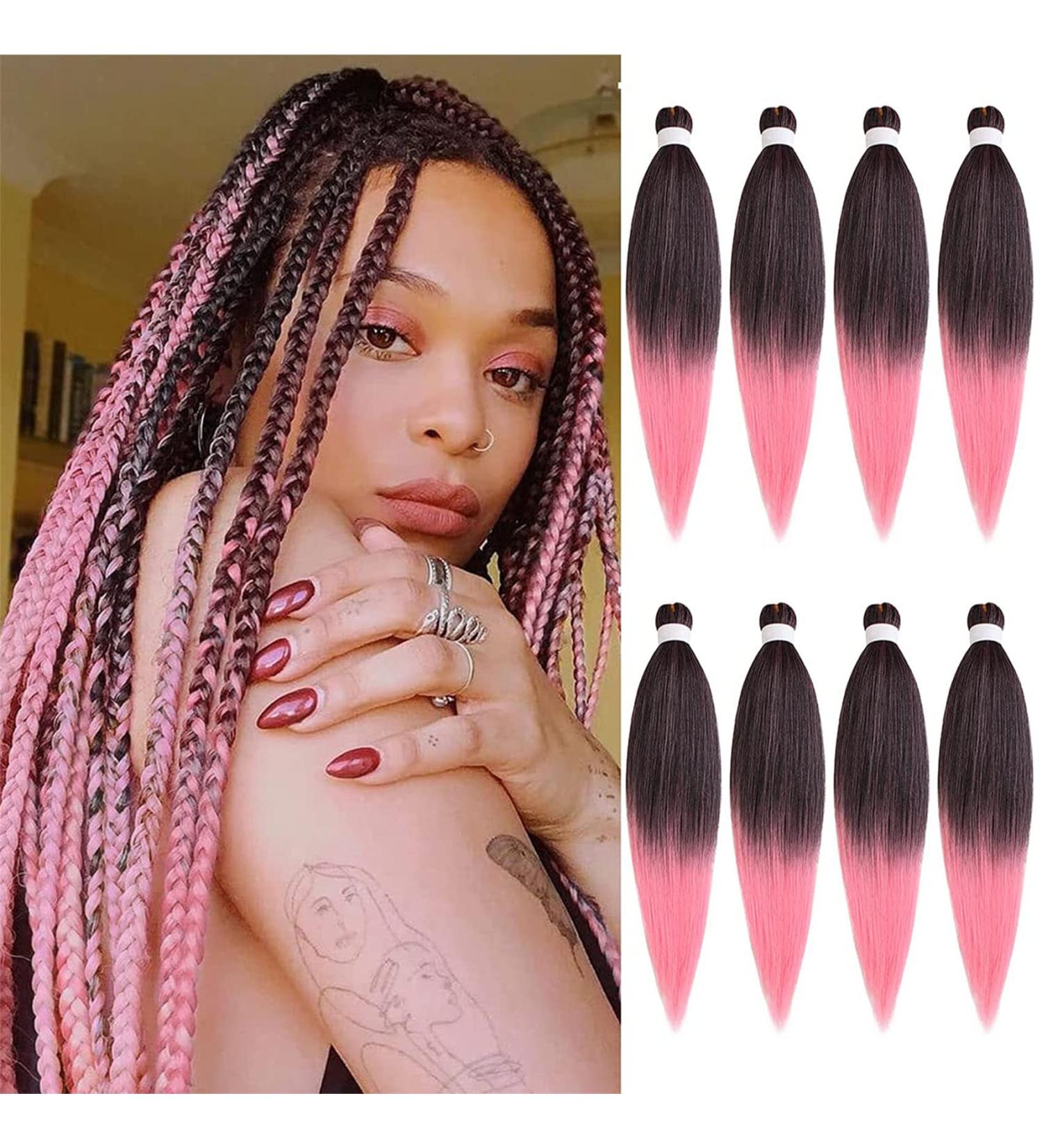 LDMY Pre-Stretched Braiding Hair Extensions - Ombre Black to Pink 8pcs/pack 90g Each - Perfect for Braids & International Shipping - Buy Online on GoSupps.com