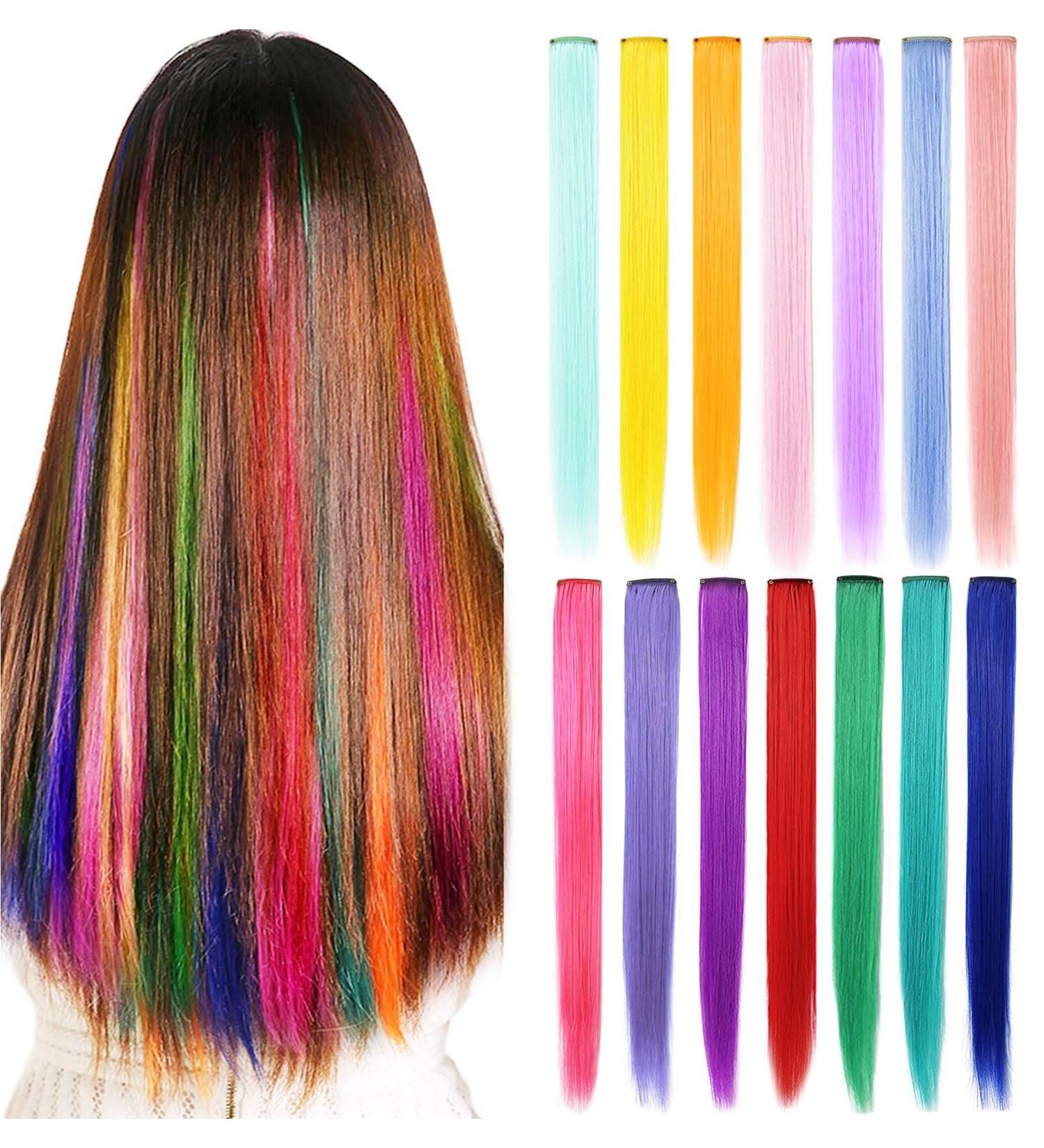 Rhyme 14 Color 14 PCS Colored Hair Extensions Clip in/on for Women Girls - Multicolored Synthetic Hair Extensions - Buy Online on GoSupps.com
