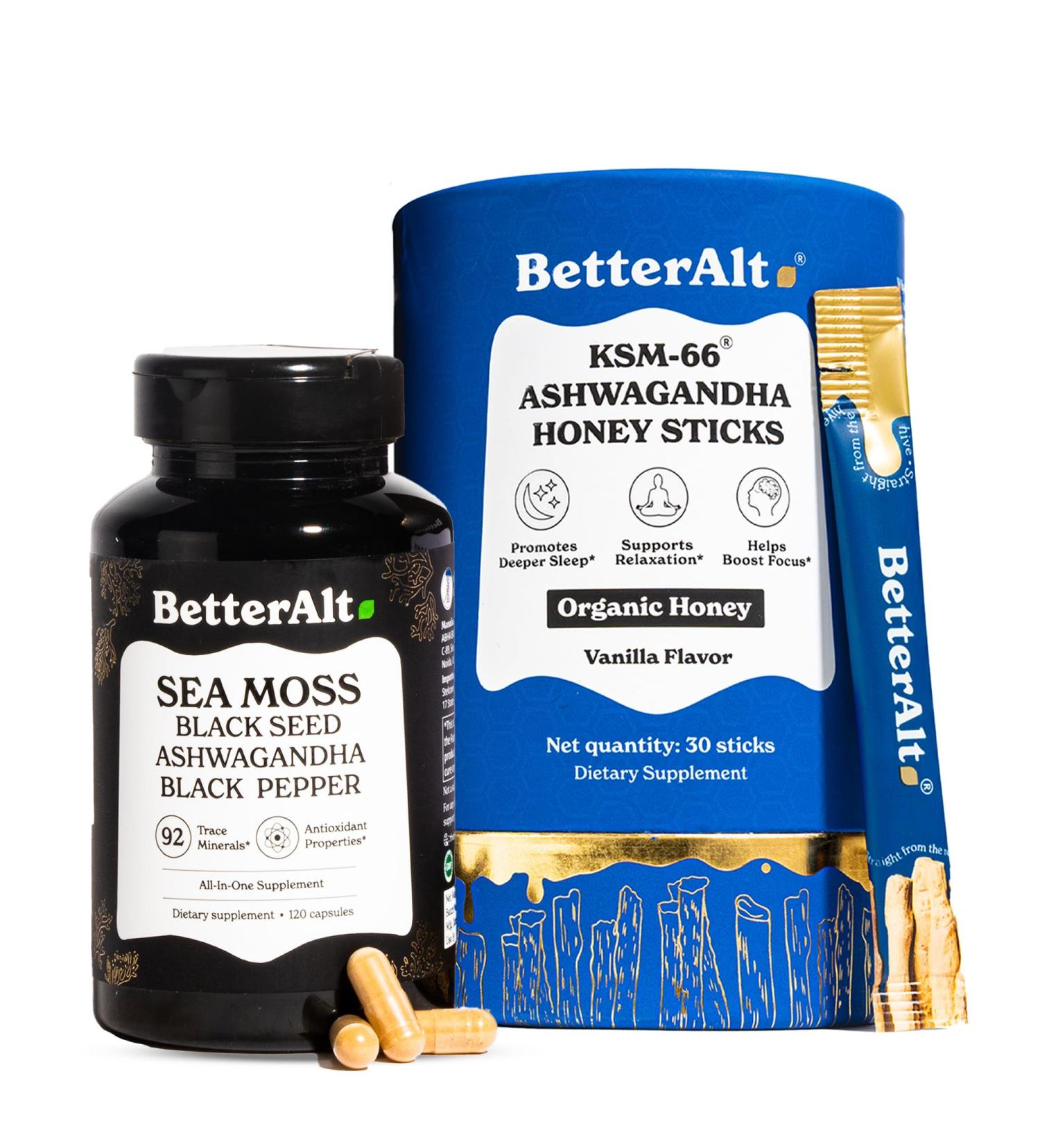 BetterAlt Ashwagandha Honey Sticks & Sea Moss Capsules | Organic Honey + Ayurvedic Sea Moss Blend with Ashwagandha Black Pepper & Black Seed Oil | Energy Focus & Stamina Support