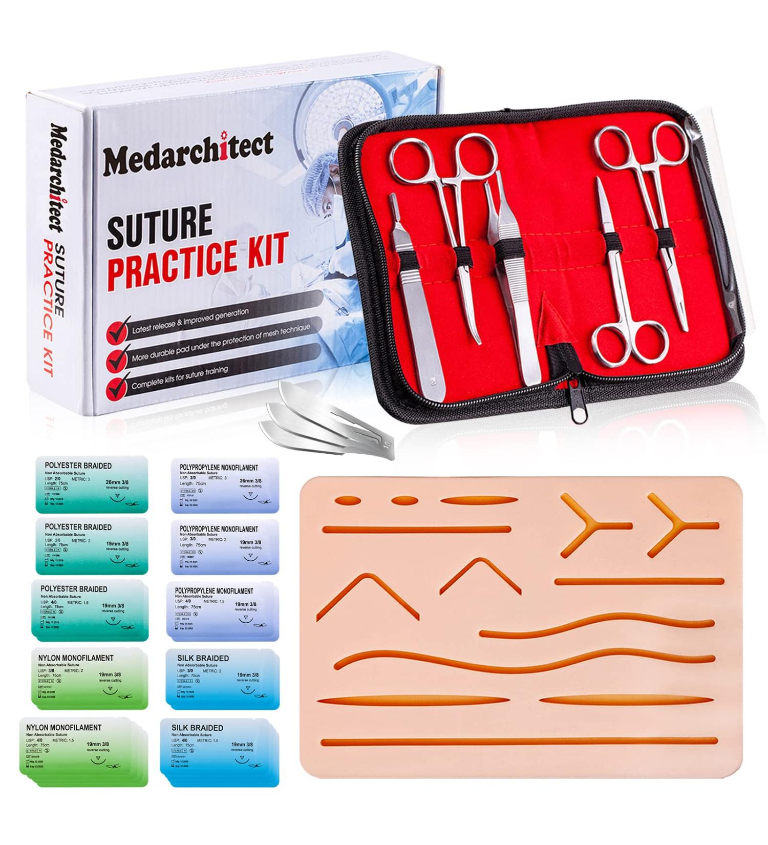 Medarchitect Suture Practice Kit - 30 Pieces for Medical Student Training | Includes Suture Pad, 14 Pre-Cut Wounds, Tools, Thread, and Needle - Buy Online on GoSupps.com