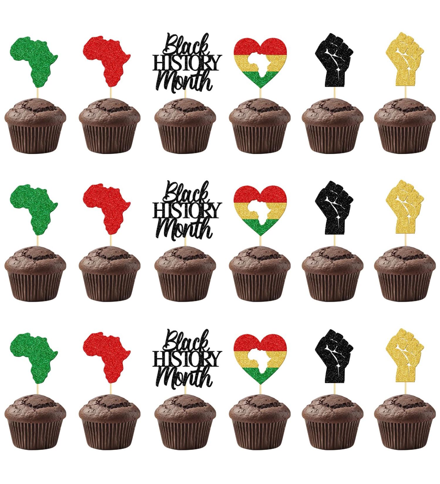 Qttier 24Pcs Black History Month Cupcake Toppers Pre-assembled Black History Month Cupcake Picks for African American History Month Party Decorations Glitter - Buy Online on GoSupps.com