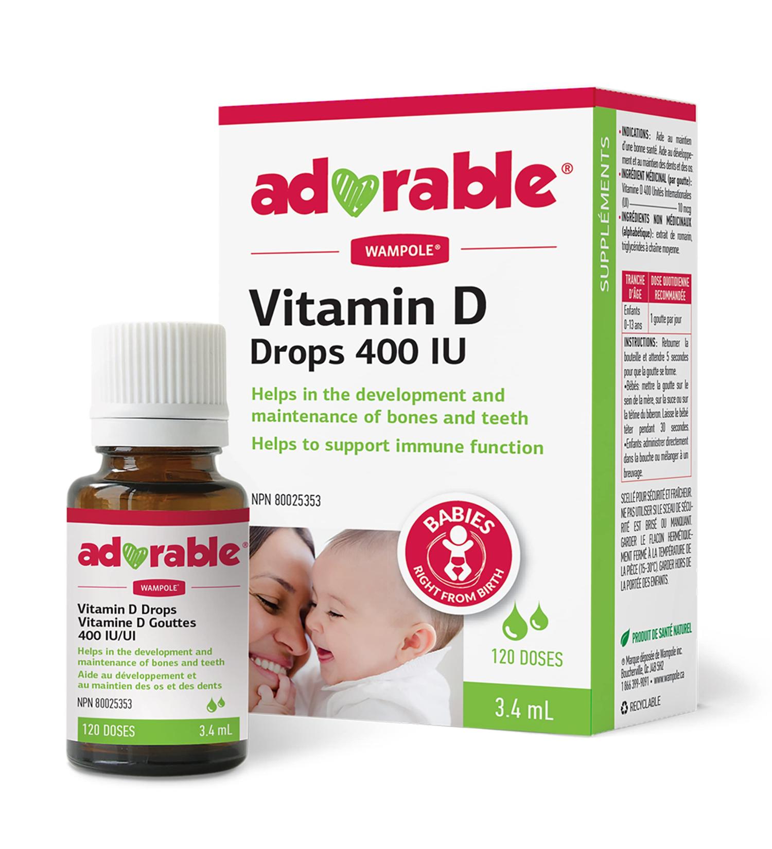 Wampole Adorable Vitamin D drops 400 IU Helps Develop & Maintain Strong Bones 3.4 ml (120 doses) - Buy Online on GoSupps.com