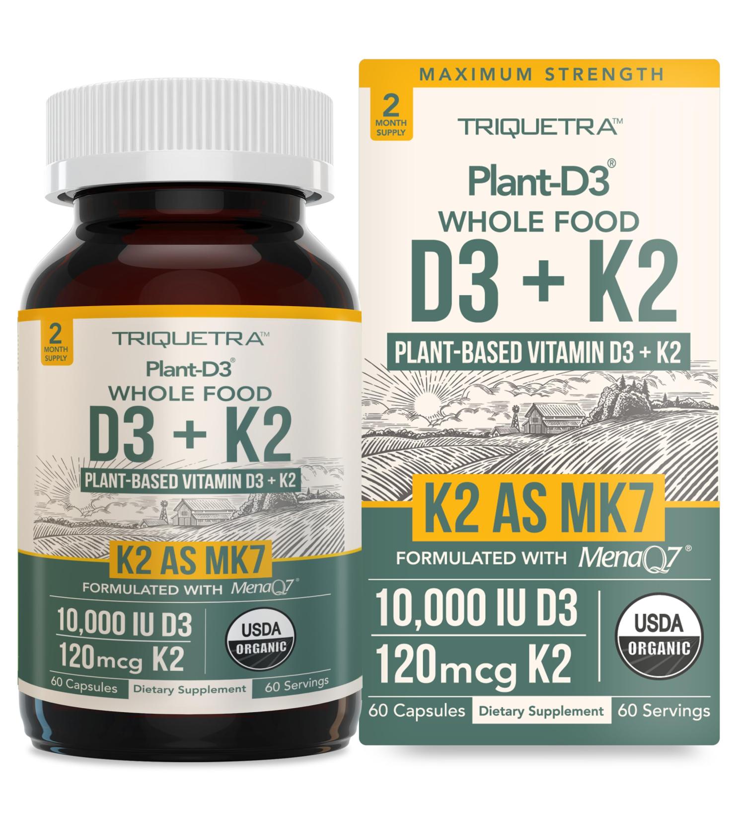 Organic Plant D3 + K2 | 10000 IU D3 + 120 mcg K2 as All-Trans MK7 from MenaQ7 - 100% Whole Food Raw & Vegan | Enhanced Digestion with Prebiotic & Superfood Complex D3 from Organic Algae (60 Count) - Buy Online on GoSupps.com