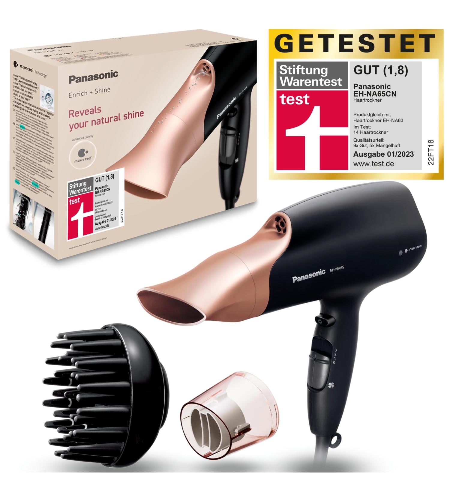 Buy Panasonic EH-NA65CN Nanoe Hair Dryer - 2000W Quick Drying 3 Speeds 4 Heat Levels Ergonomic Rose Gold Design Includes Diffuser & Styling Nozzles for Visible Shine - Buy Online on GoSupps.com