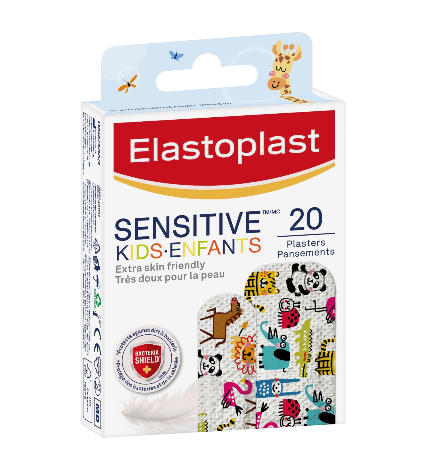 ELASTOPLAST Sensitive Kids Bandages for Wound Care and First Aid Kit Extra Skin-Friendly Hypoallergenic Bandages Bacteria Shield Painless Removal Latex Free First Aid Supplies 2 Sizes 20 Strips Kids 20 strips - Buy Online on GoSupps.com
