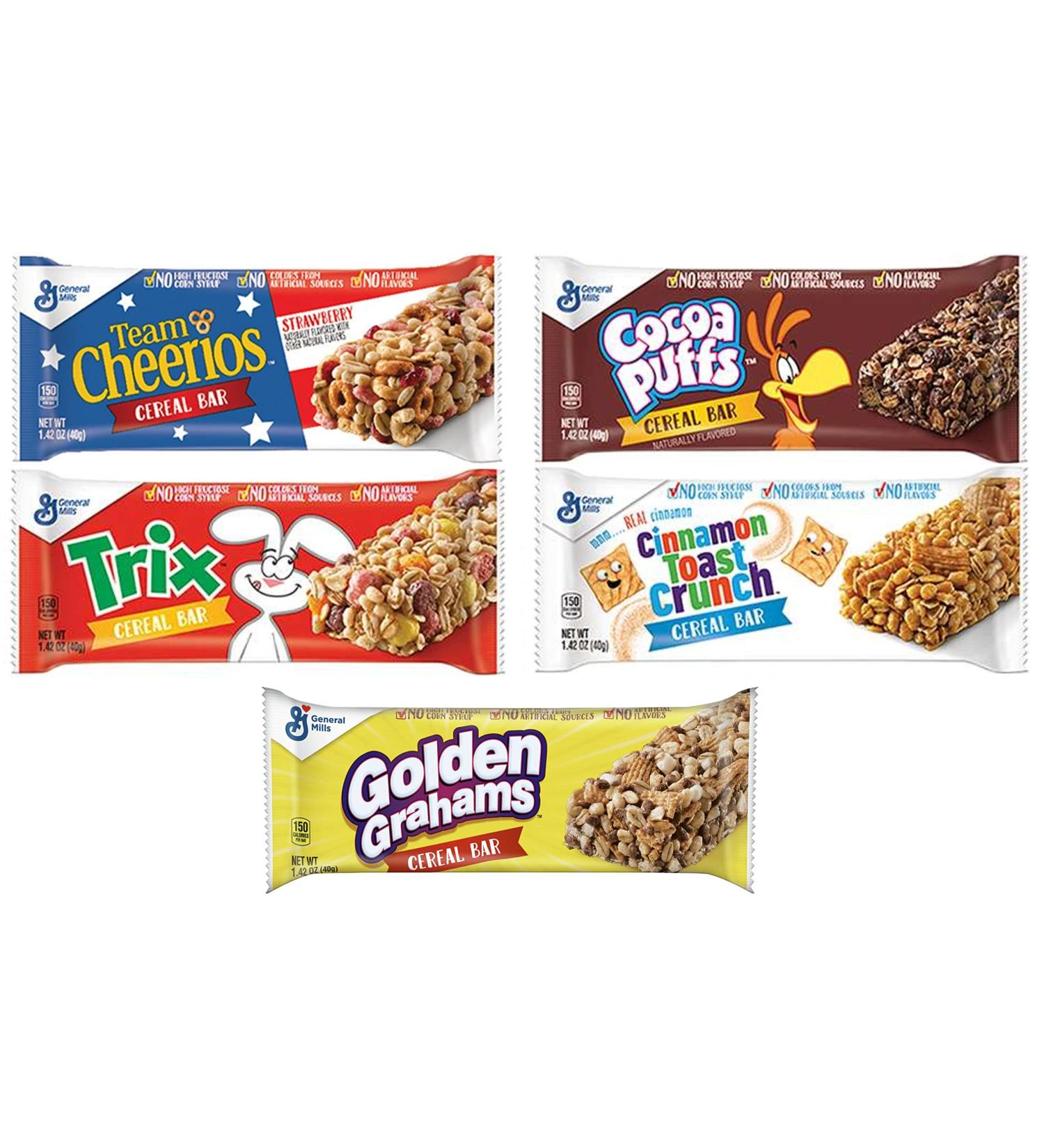 Cereal Bar Variety Pack - Team Cheerios, Trix, Cocoa Puffs, Cinnamon Toast Crunch & Golden Grahams - 20 Bars Total with 2 Lollipops - Buy Online on GoSupps.com