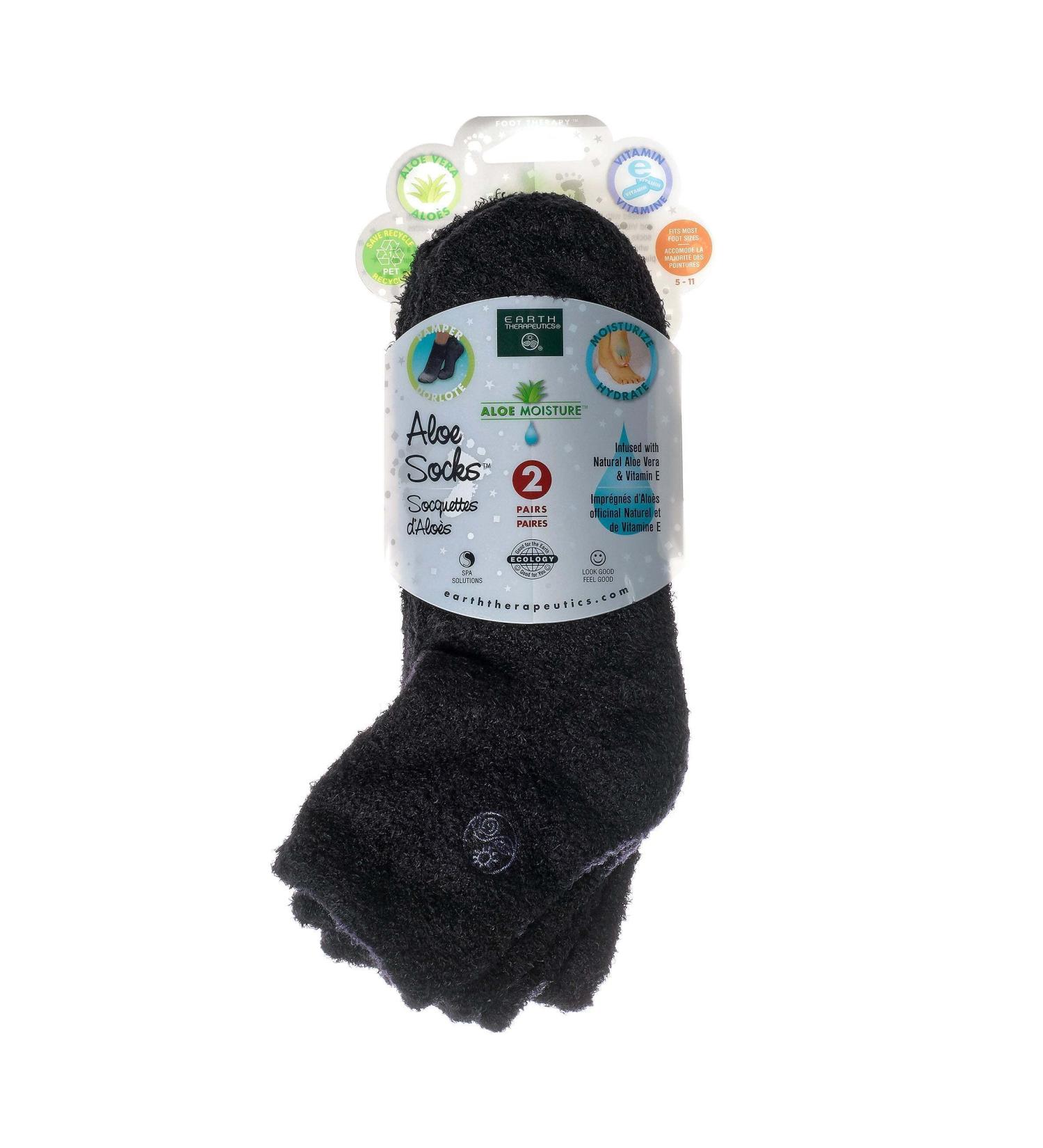 Earth Therapeutics Aloe Vera Socks - Aloe Vera & Vitamin E Infused For Dry Feet, Cracked Heels, Calluses - 2 Pairs Black/Black - Buy Online on GoSupps.com