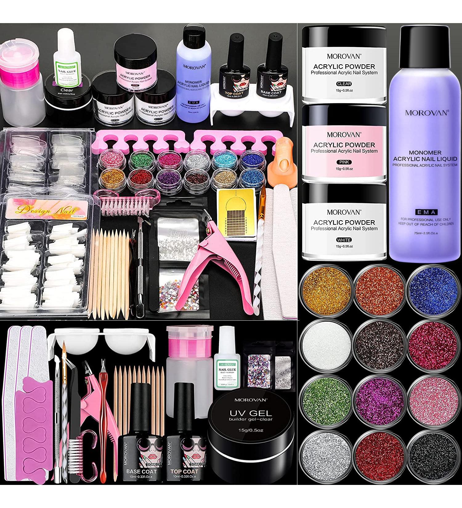 Morovan Acrylic Nail Kit with 12 Glitter Powder Set - Professional French Nail Tips & Brushes - DIY Nail Art Tools Set - Buy Online on GoSupps.com