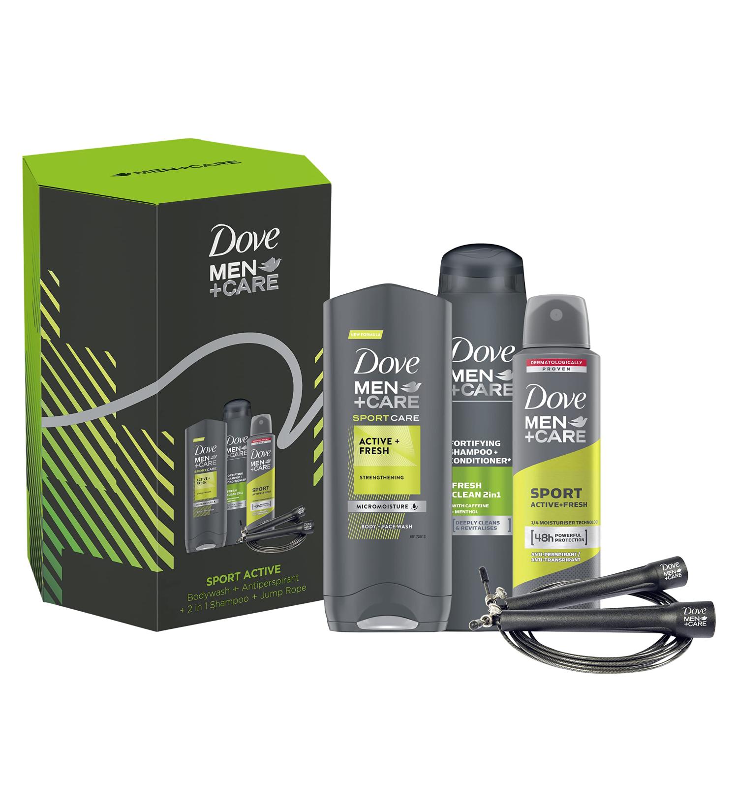 Dove Men+Care Sport Active Trio Gift Set - Body Wash, Shampoo & Conditioner, Anti-perspirant with Jump Rope - Perfect 3-Piece Gift for Him - Buy Online on GoSupps.com