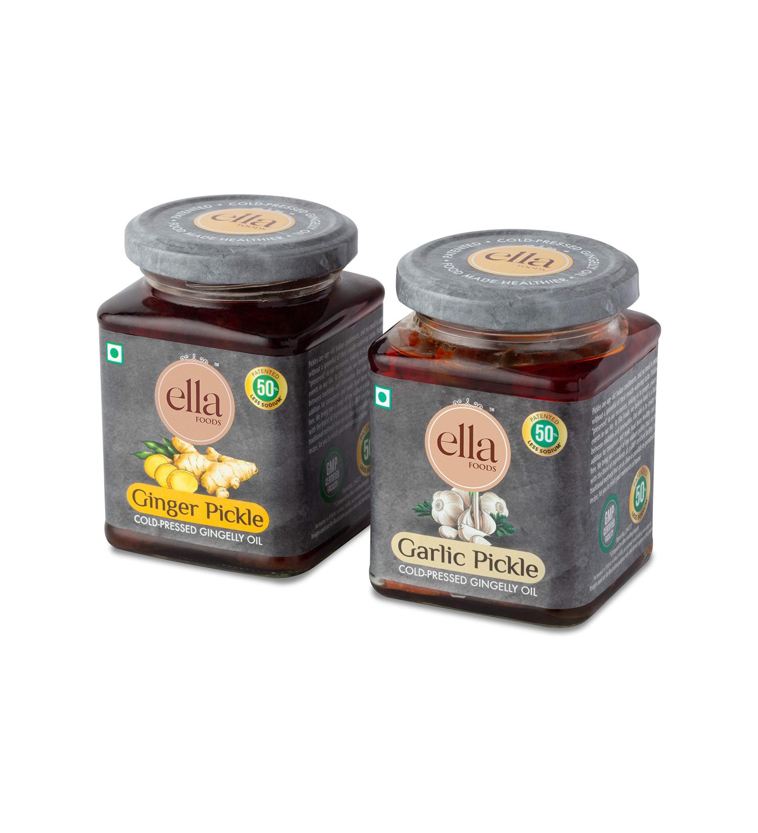 Ella Spices Low Sodium Ginger and Garlic Pickle 500g | Homemade Pickle with Cryogenic Spices | Cold Pressed Sesame Oil | 50% Less Sodium | Indian Aachar - Lasun Ka Aachar & Adrak Ka Aachar - Buy Online on GoSupps.com