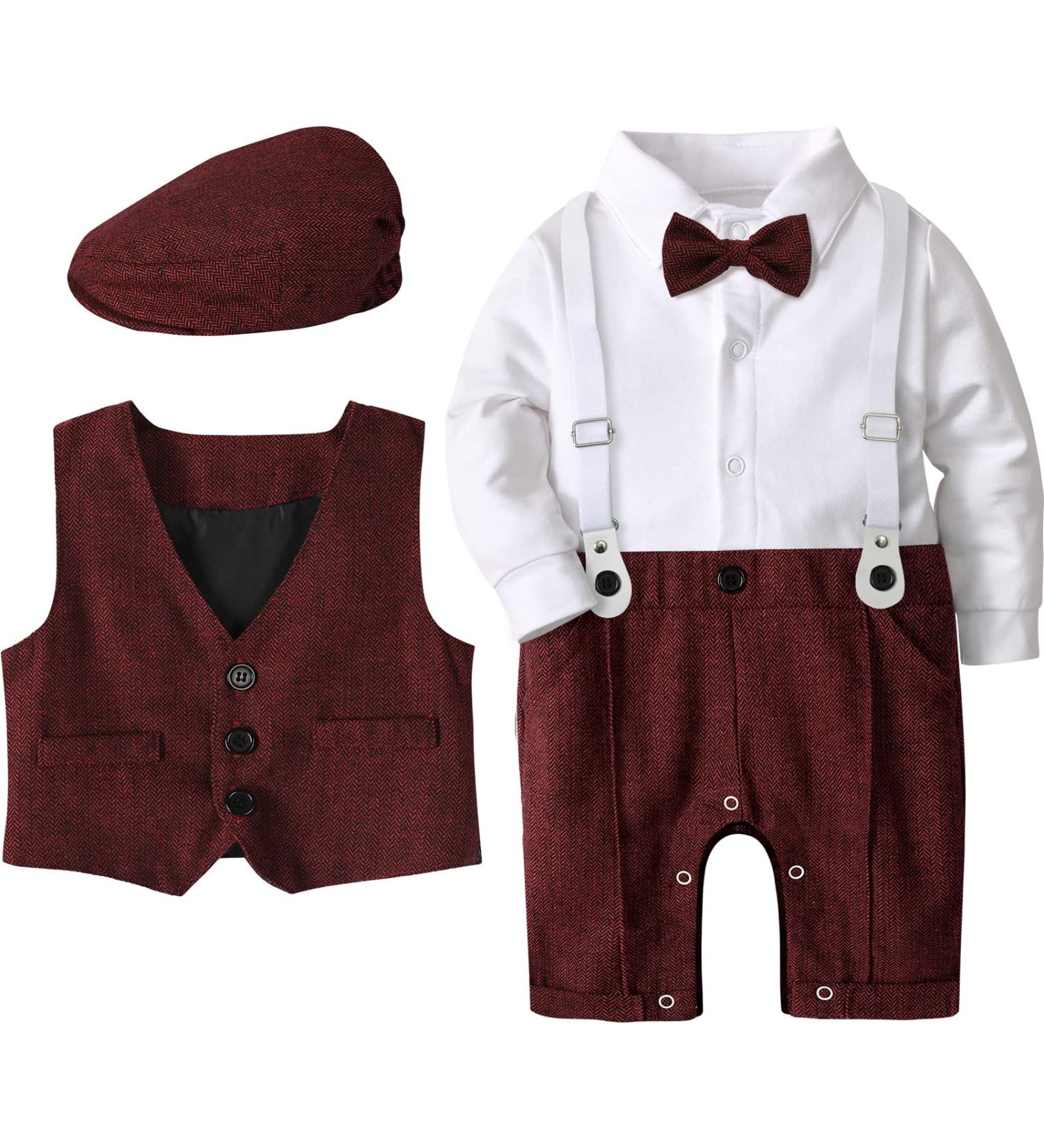 Mint Green Baby Boy Romper Suit | Gentleman Jumpsuit with Bow Tie Waistcoat | 9-12 Months | Red - Buy Online on GoSupps.com