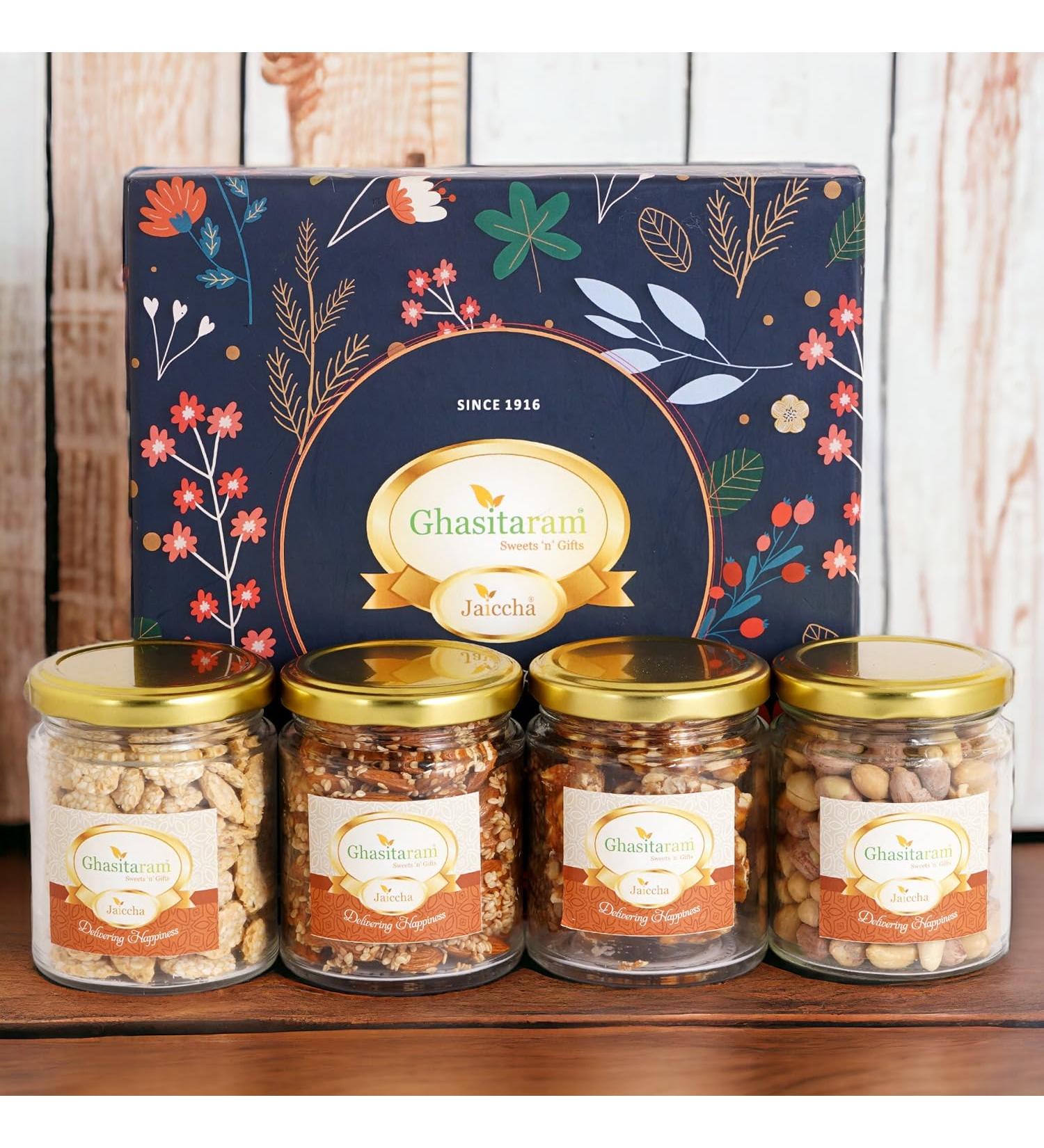 Ghasitaram Gifts Jaiccha Lohri Sweets Gachak hampers Lohri 4 jar Box of revadi til Almonds chikki and Peanuts - Buy Online on GoSupps.com