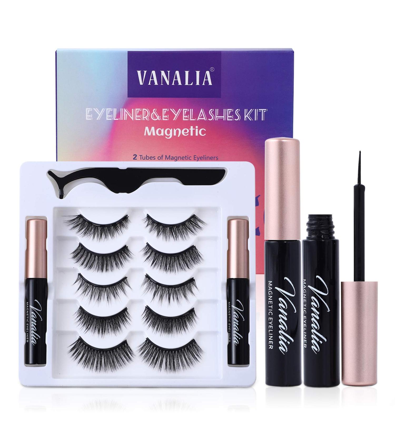 Vanalia Magnetic Eyelashes and Eyeliner Kit - 5D False Lashes, 5 Pairs with Tweezers - Easy to Wear, No Glue Needed - Pack of 1 - Buy Online on GoSupps.com