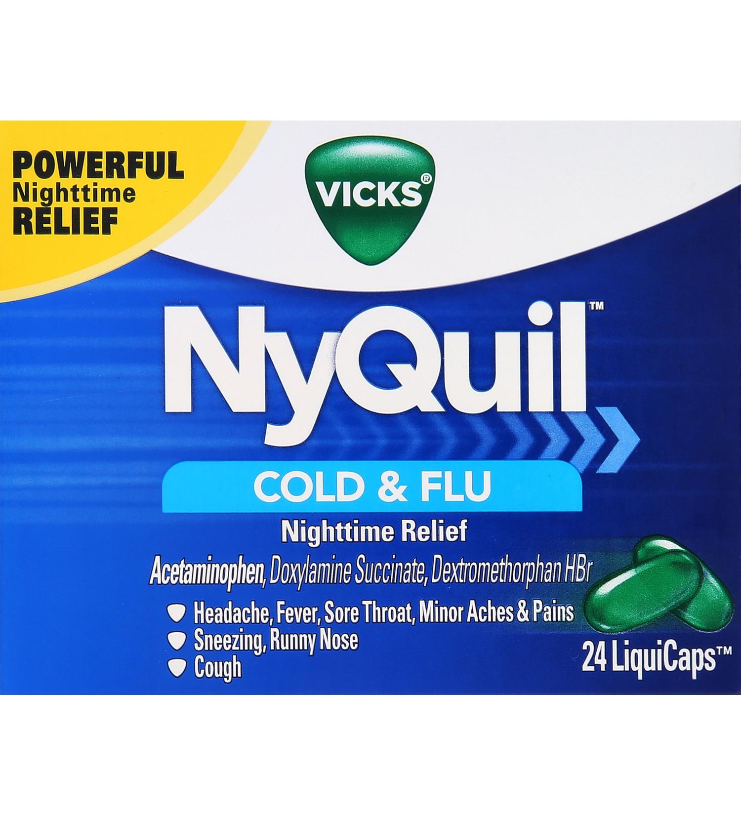 Vicks NyQuil Cough Cold Flu Nighttime Relief - 24 LiquiCaps - Buy Online on GoSupps.com