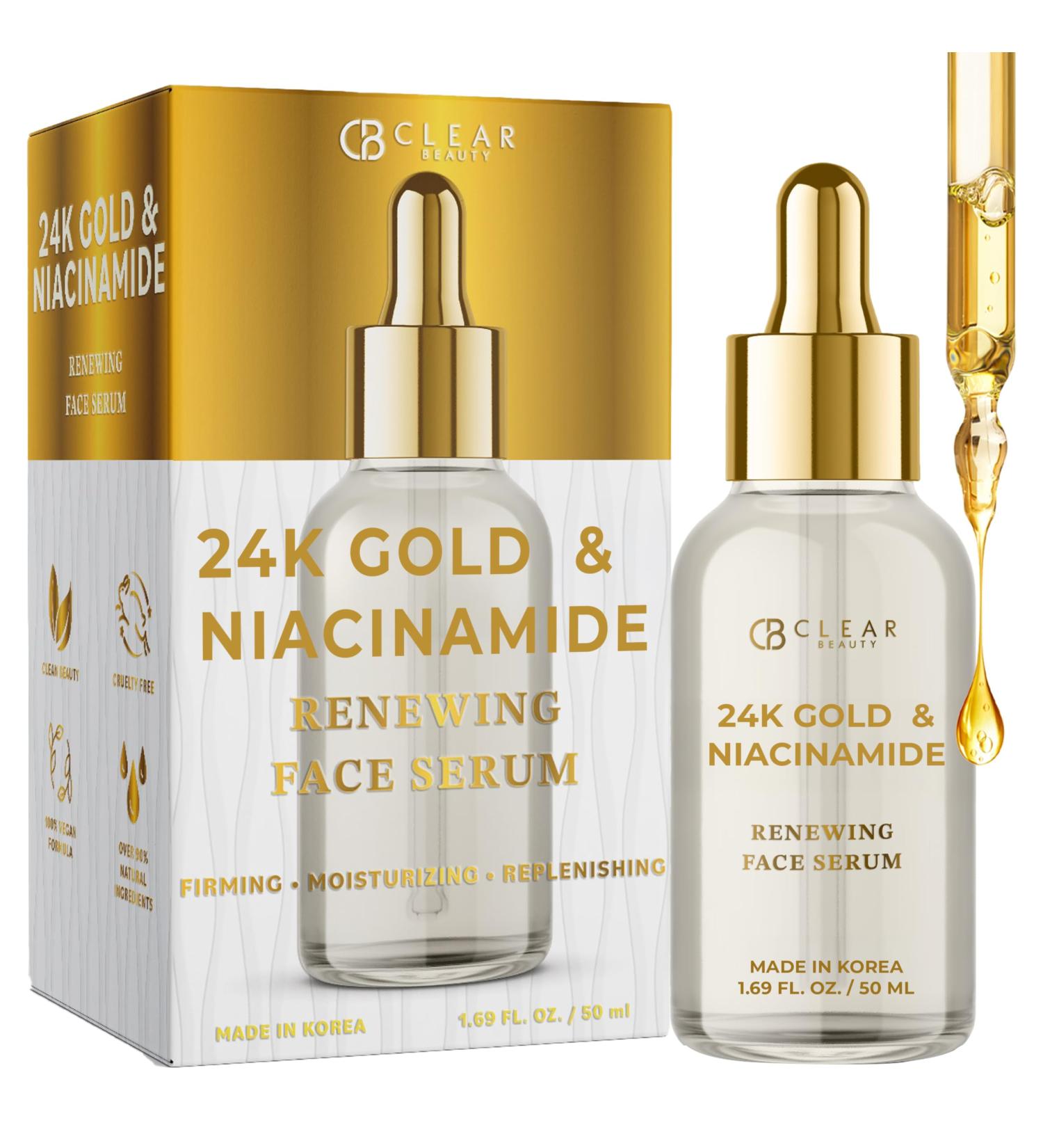 Clear Beauty 24K Gold & Niacinamide Serum For Face - Anti Aging Firming Hydration Tone & Radiance Care - Dermatologist Tested Korean Skin Care Vegan Clean Beauty - 1.69 Fl Oz - Buy Online on GoSupps.com