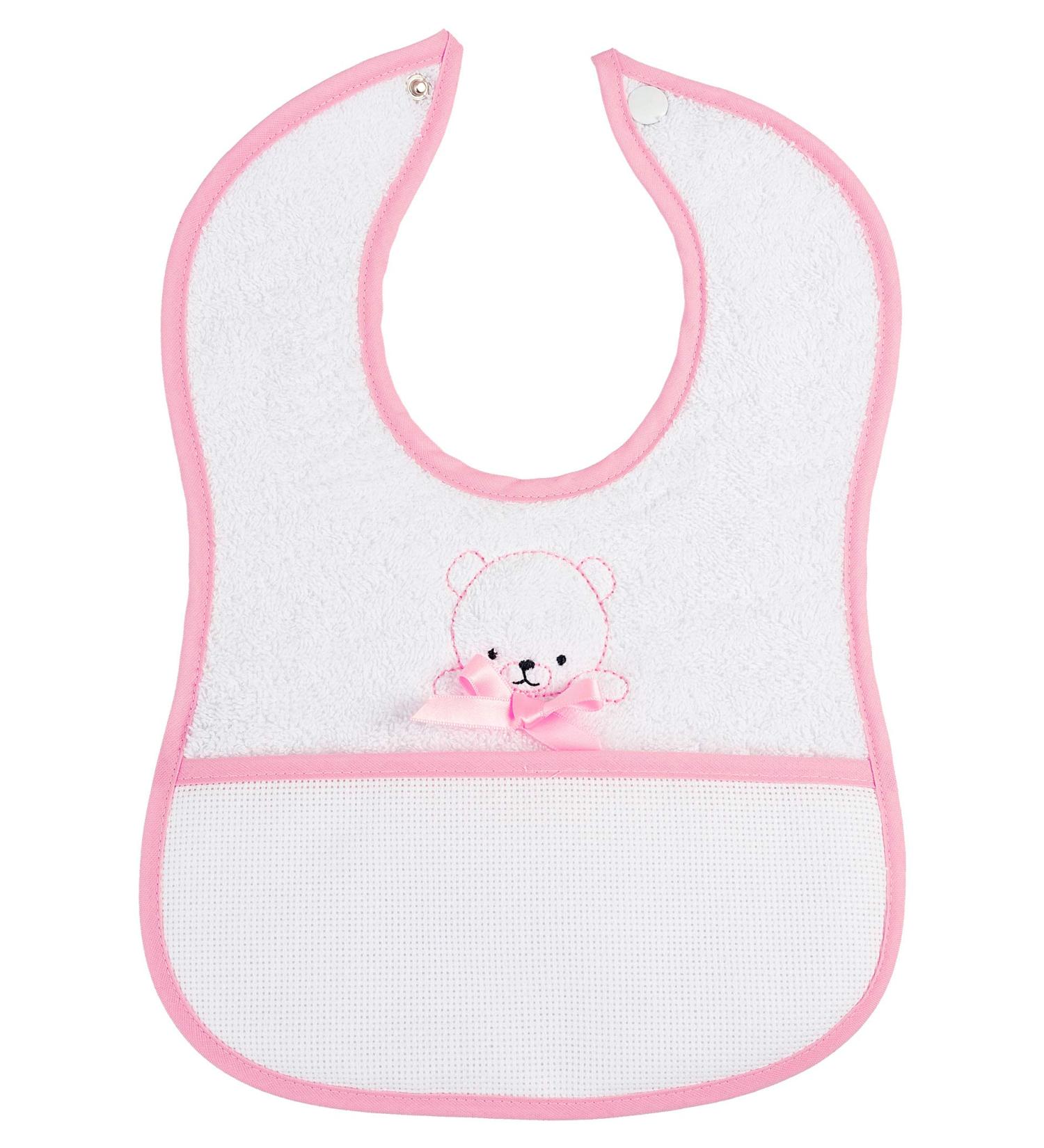 Filet - AM283R Baby Bib with Teddy Motif and Press Stud Color Pink from 6 Months Toddler 34 cm x 23.5 cm