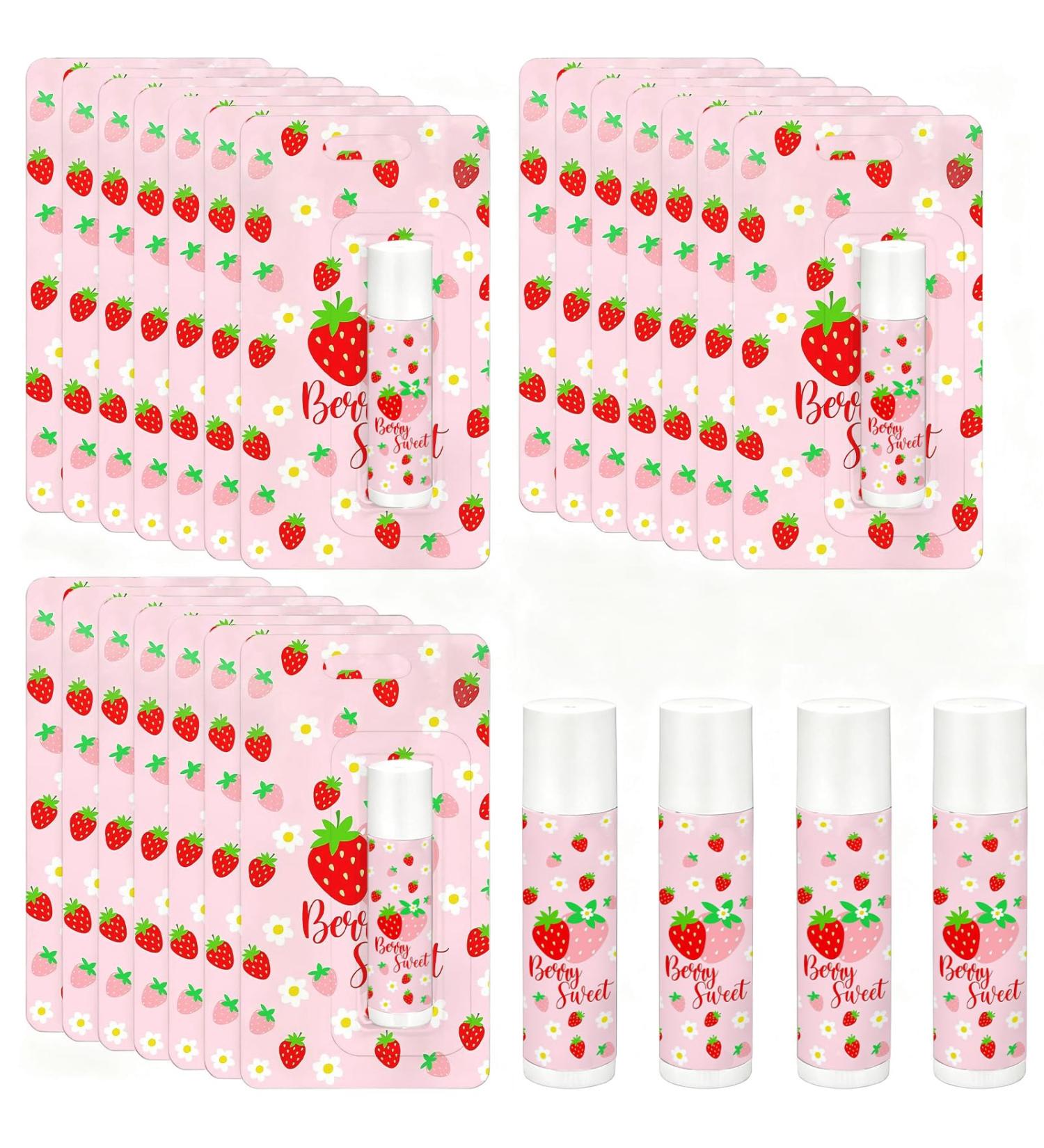 JarThenaAMCS 24 Pcs Strawberry Lip Balm Bulk Lip Balms Pink Red Fruit Moisturizing Lip Care for Wedding Baby Shower Birthday Party Favor Supplies