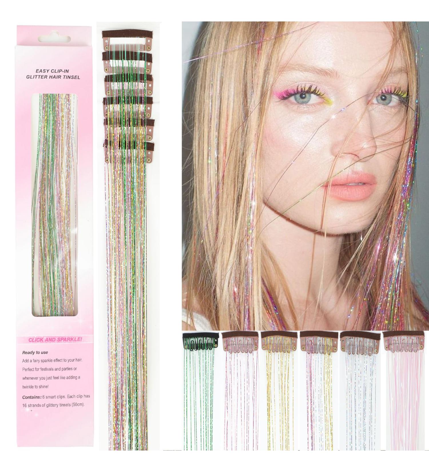 6Pcs Mix Color Hair Tinsel Clip in Kit - Sparkle Glitter Extensions for Women, Girls, Kids - Festival Party Dazzle Accessories - Buy Online on GoSupps.com