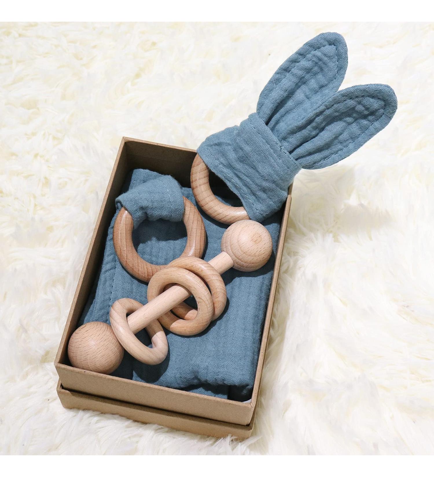 Baby Lovey Wood Rattle Teether Ring Set - Navy Blue Cotton Double Gauze 3 Pack | Montessori Gender Neutral Baby Shower Gift - Buy Online on GoSupps.com