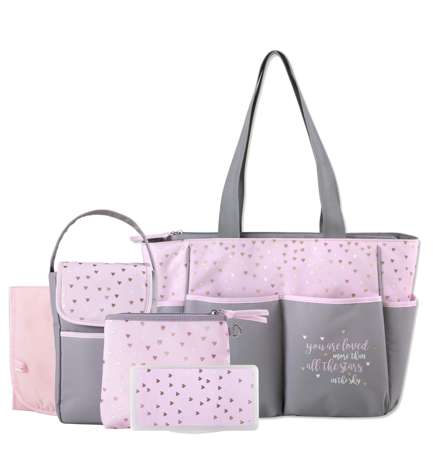 Sun, Moon & Stars Diaper Bag Tote Set - 5 Pieces with Wipes Pocket, Dirty Diaper Pouch & Changing Pad in Grey/Pink - Buy Online on GoSupps.com