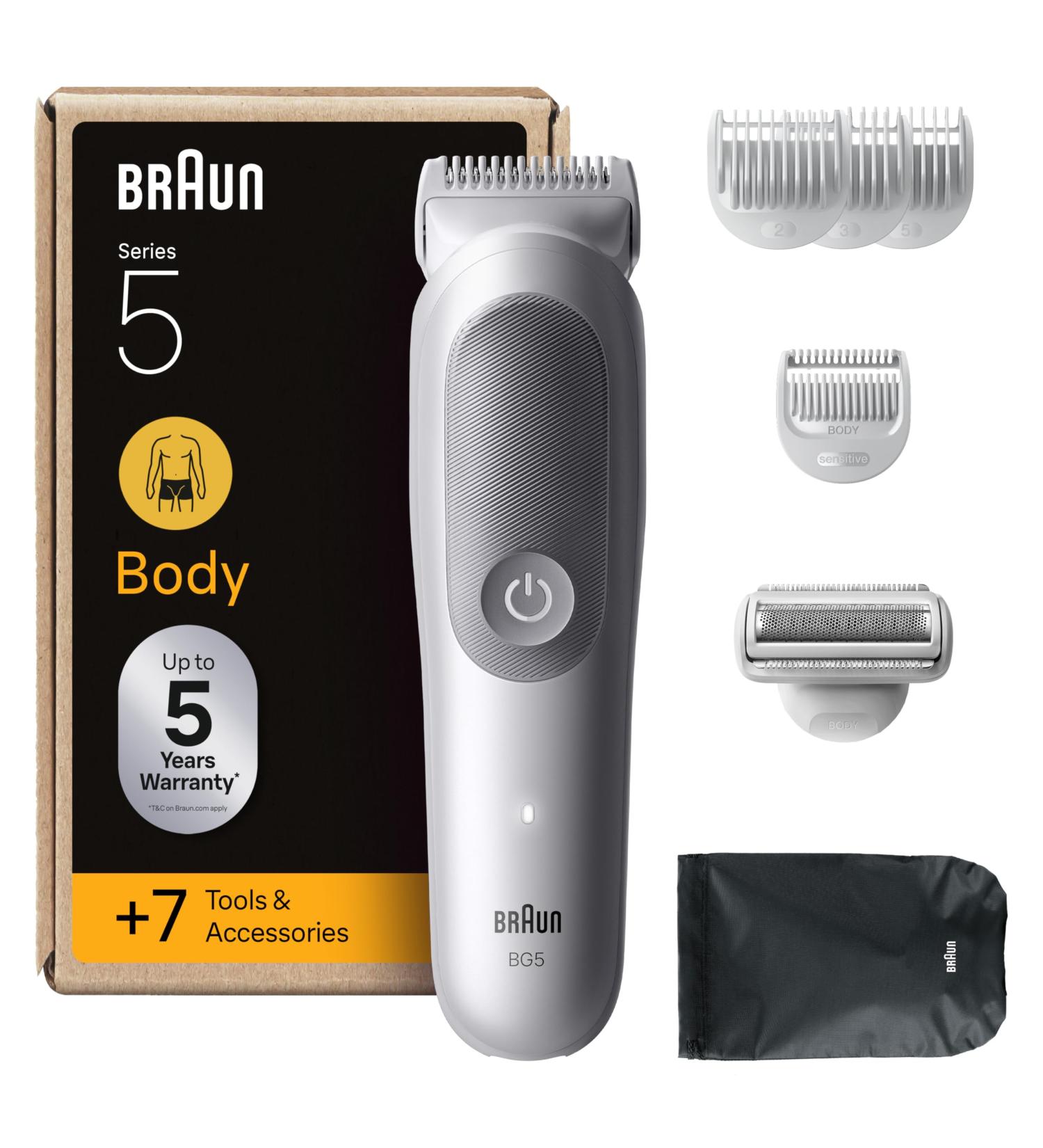 Braun Tondeuse Electrique Pour Le Corps Pour Hommes Series 5 BG5555 Gris etanche Coffret Avec +7 Outils De Rasage Lame SkinGuard Douce Pour Zones Sensibles Kit De 4 Sabots Brosse De Nettoyage Tondeuse Pour Le Corps 5 BG5555 - Buy Online on GoSupps.com