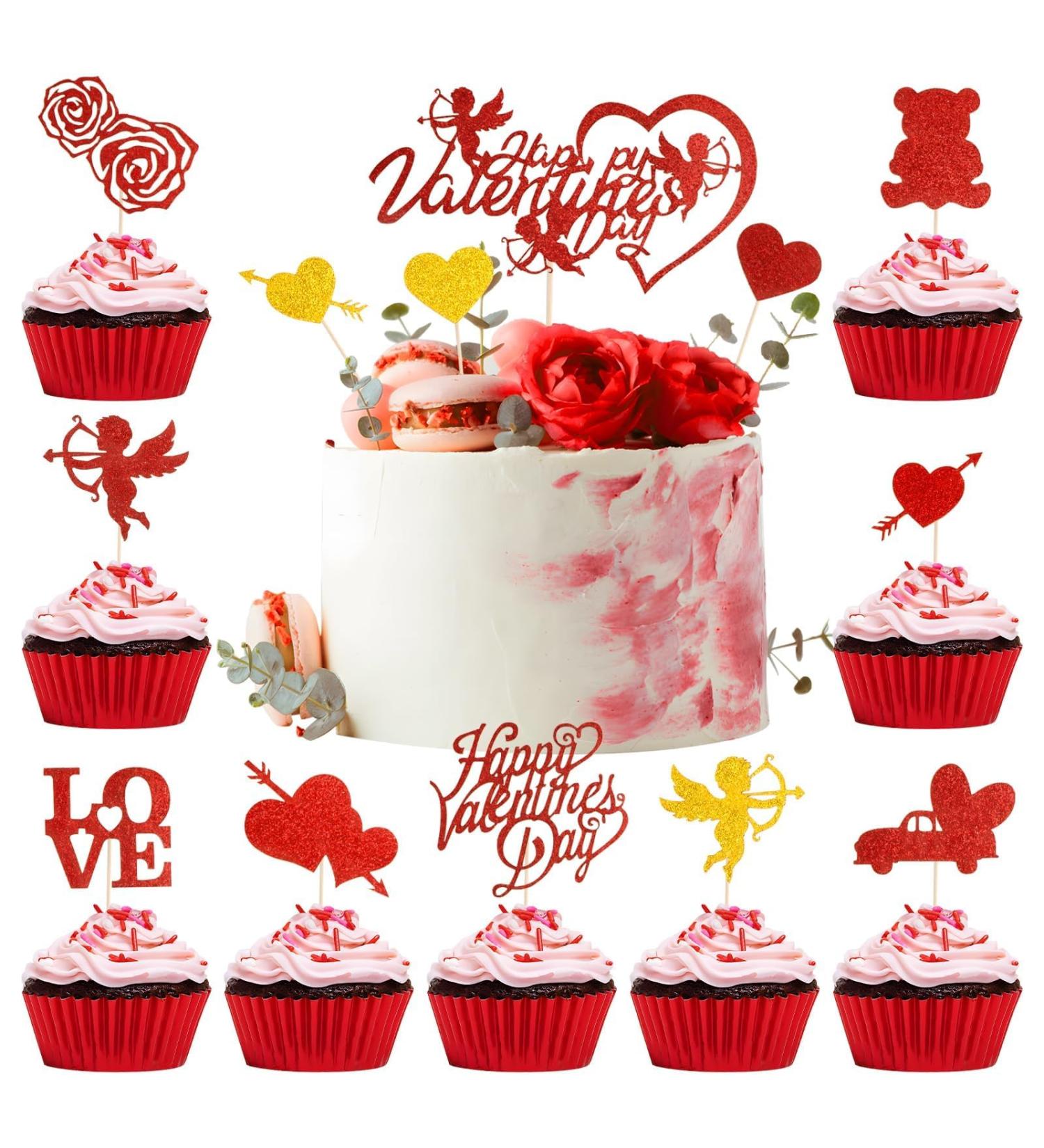 19pcs Happy Valentine's Day Cake Topper Glitter Paper Cupcake Toppers Pattern Heart Bear Rose Love Dessert Picks Cake Decoration for Valentine's Day - Buy Online on GoSupps.com