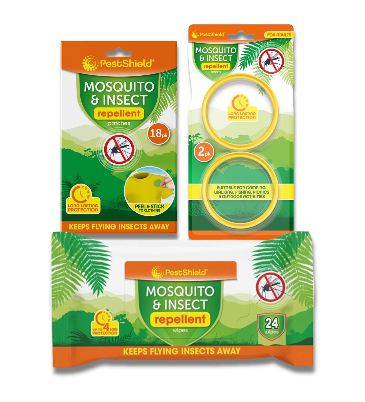 Mosquito Repellent Set: PestShield Mosquito Repellent Wipes 24pk Citronella Mosquito Repellent Patches 18pk and Citronella Mosquito Repellent Bracelet Bands 2pk - Full Protection Kit - Buy Online on GoSupps.com
