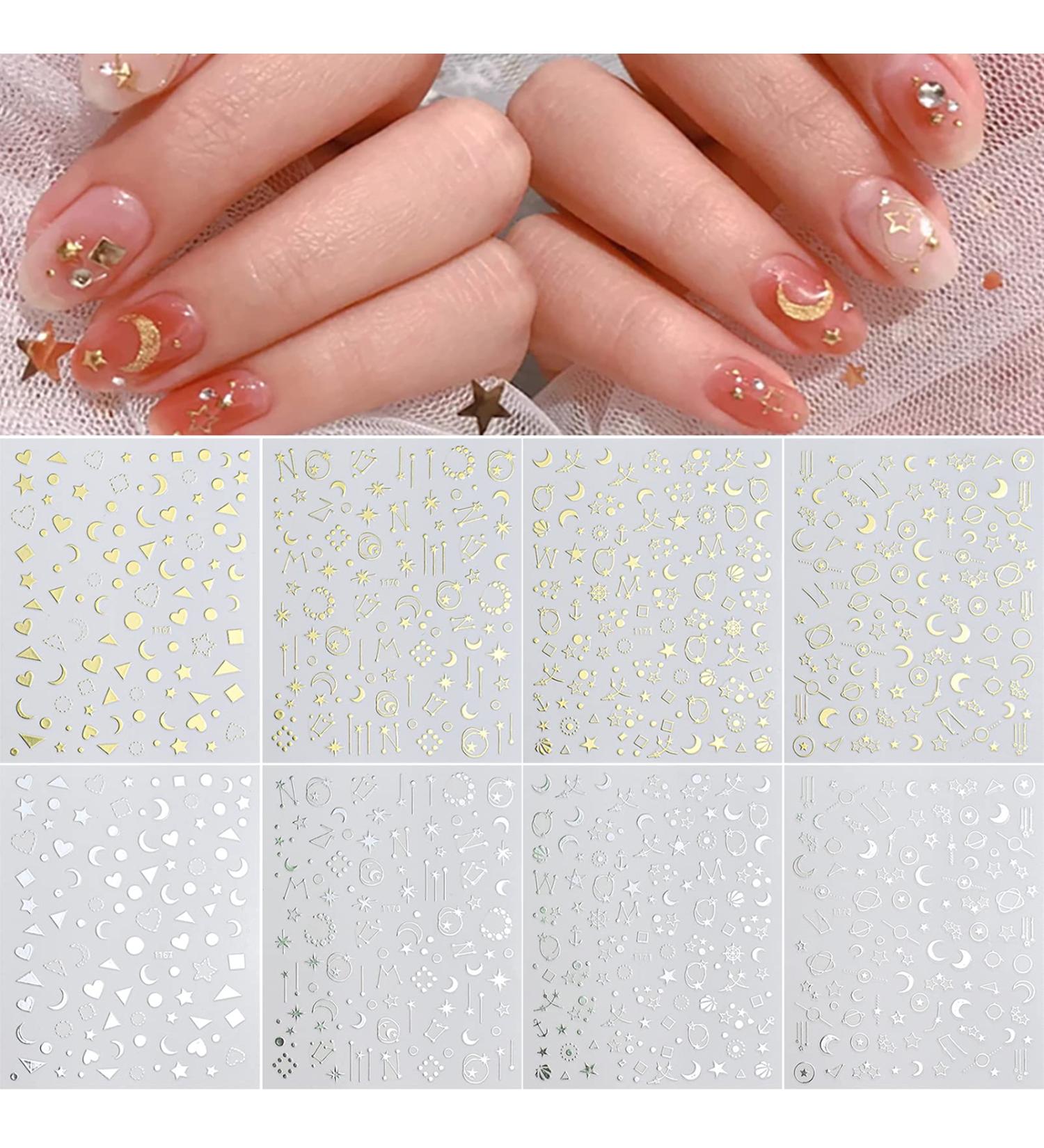 8 Sheets Metallic 3D Nail Art Stickers - Stars, Moon, Planets, Self-Adhesive Decals for DIY Manicure - Buy Online on GoSupps.com