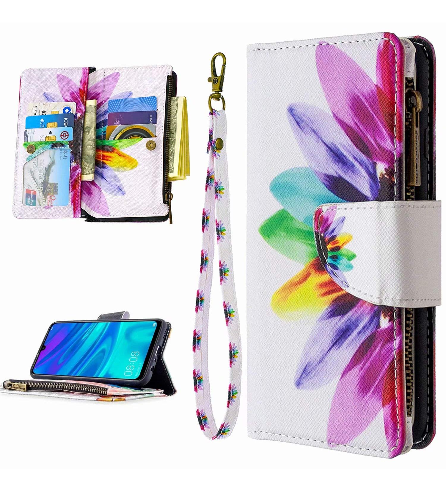 Miago Huawei Y6 2019 Wallet Case - 9 Card Slots Colorful Zipper Flip Cover Sunflower Design PU Leather Protective Case - Buy Online on GoSupps.com