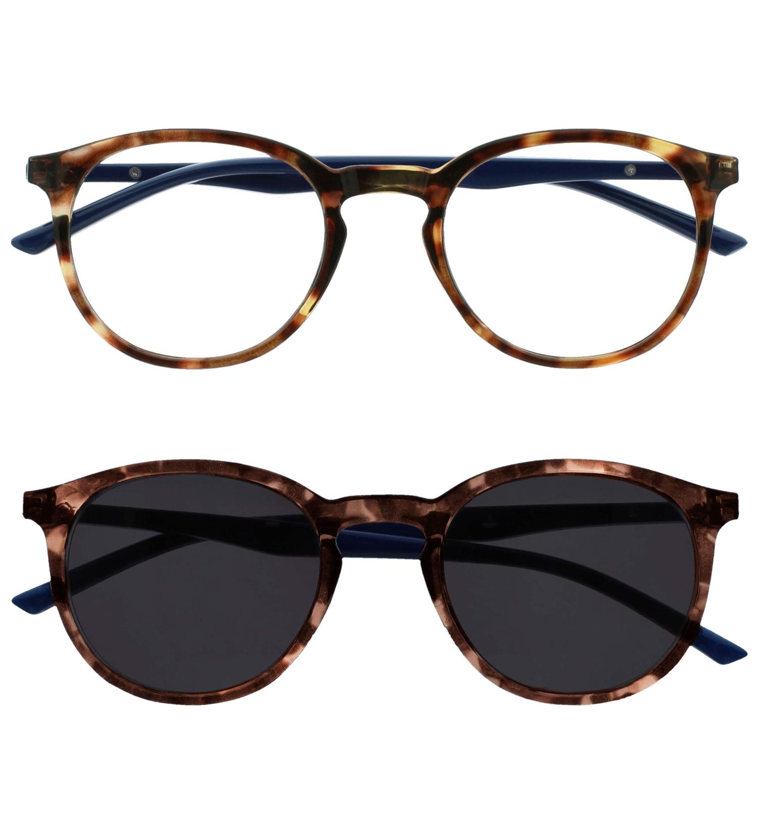 Opulize Met Twin Pack Reading Glasses | Sun Readers +1.50 | Large Round Brown & Navy Blue | Stylish Men & Women | Spring Hinges - Buy Online on GoSupps.com