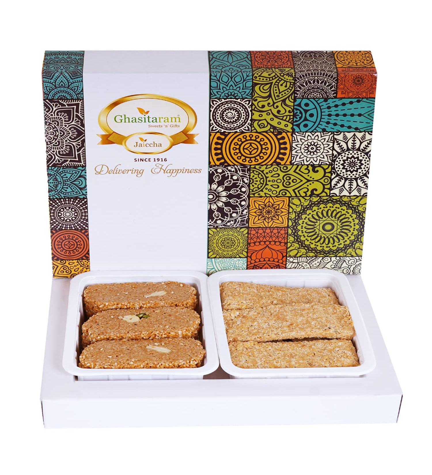Ghasitaram Gifts Lohri Gifts Assortment of Gud Til Gachak and Khasta Gachak 400 GMS - Buy Online on GoSupps.com