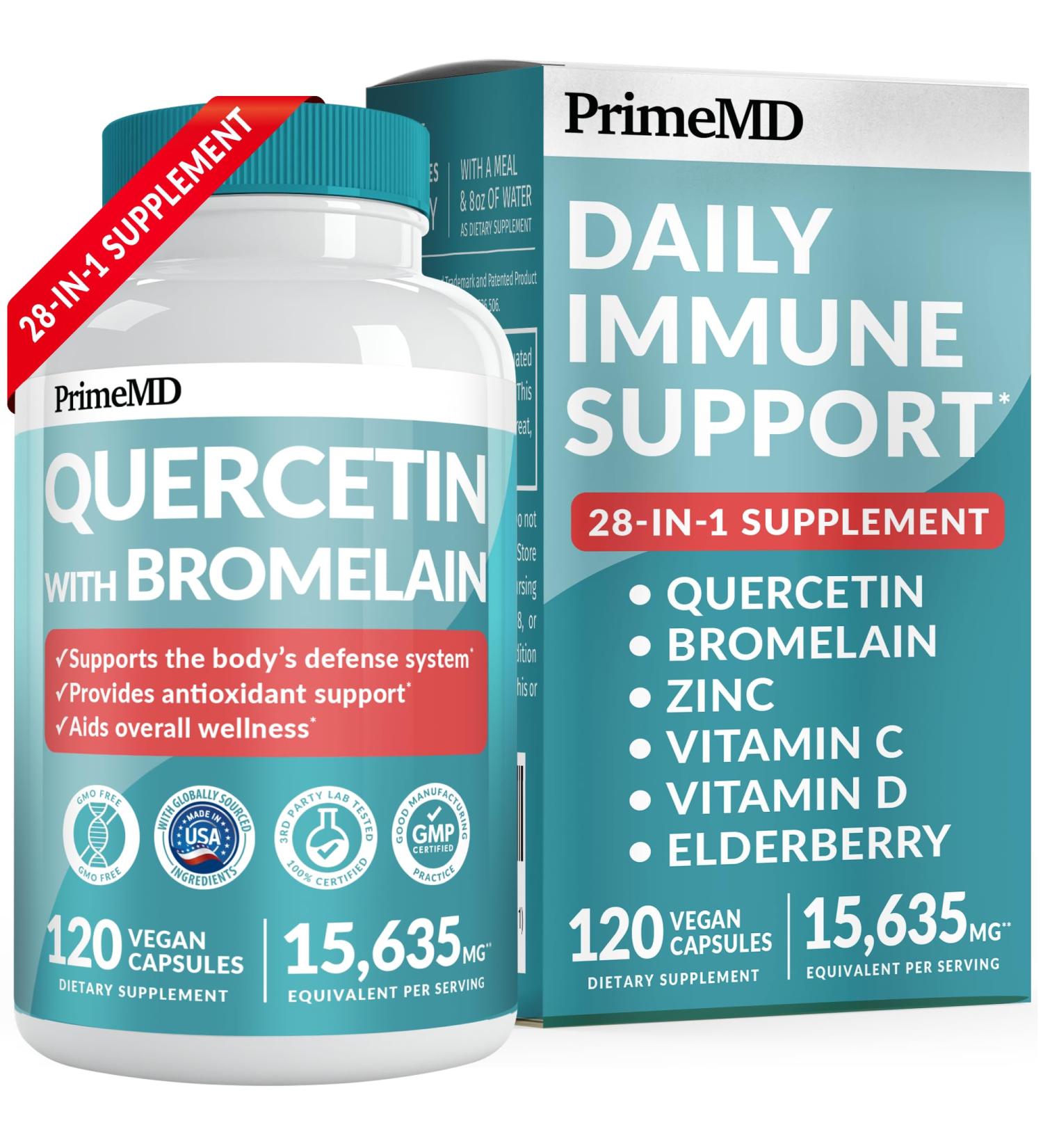28-in-1 Quercetin with Bromelain Supplement for Daily Immune Defense Support - Quercetin with Vitamin C and Zinc for Adults Enriched with Vitamin D and Elderberry (120ct) 120 Count (Pack of 1) - Buy Online on GoSupps.com